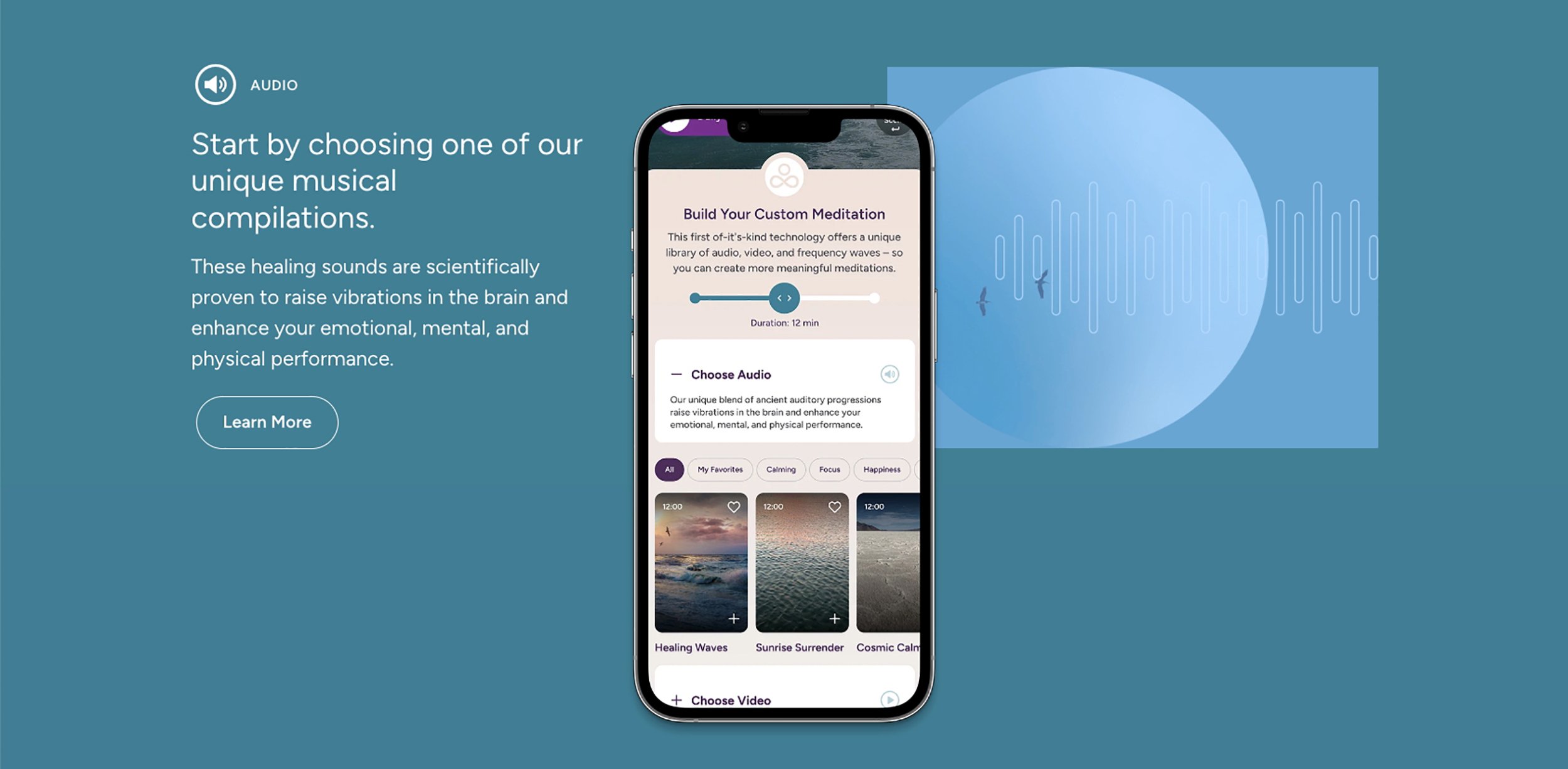 Digital advertisement for a meditation app with a smartphone displaying custom meditation options, including audio selections like Healing Waves, Sunrise Surrender, and Cosmic Calm, against a blue background with a wave and bird illustration.