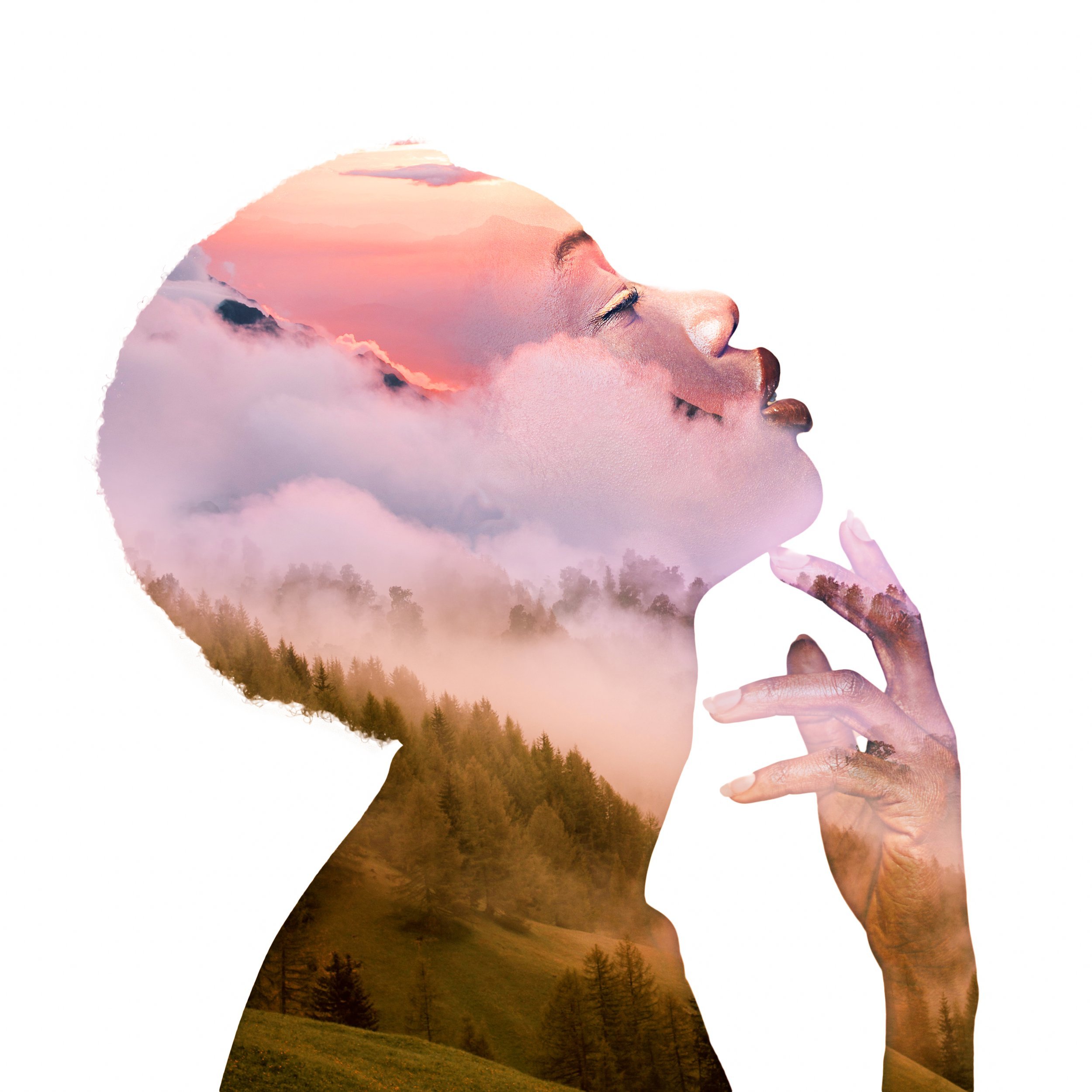 A double exposure image combining the profile of a woman with her eyes closed and her hand near her chin, with a landscape of mountains, trees, and clouds within her silhouette.