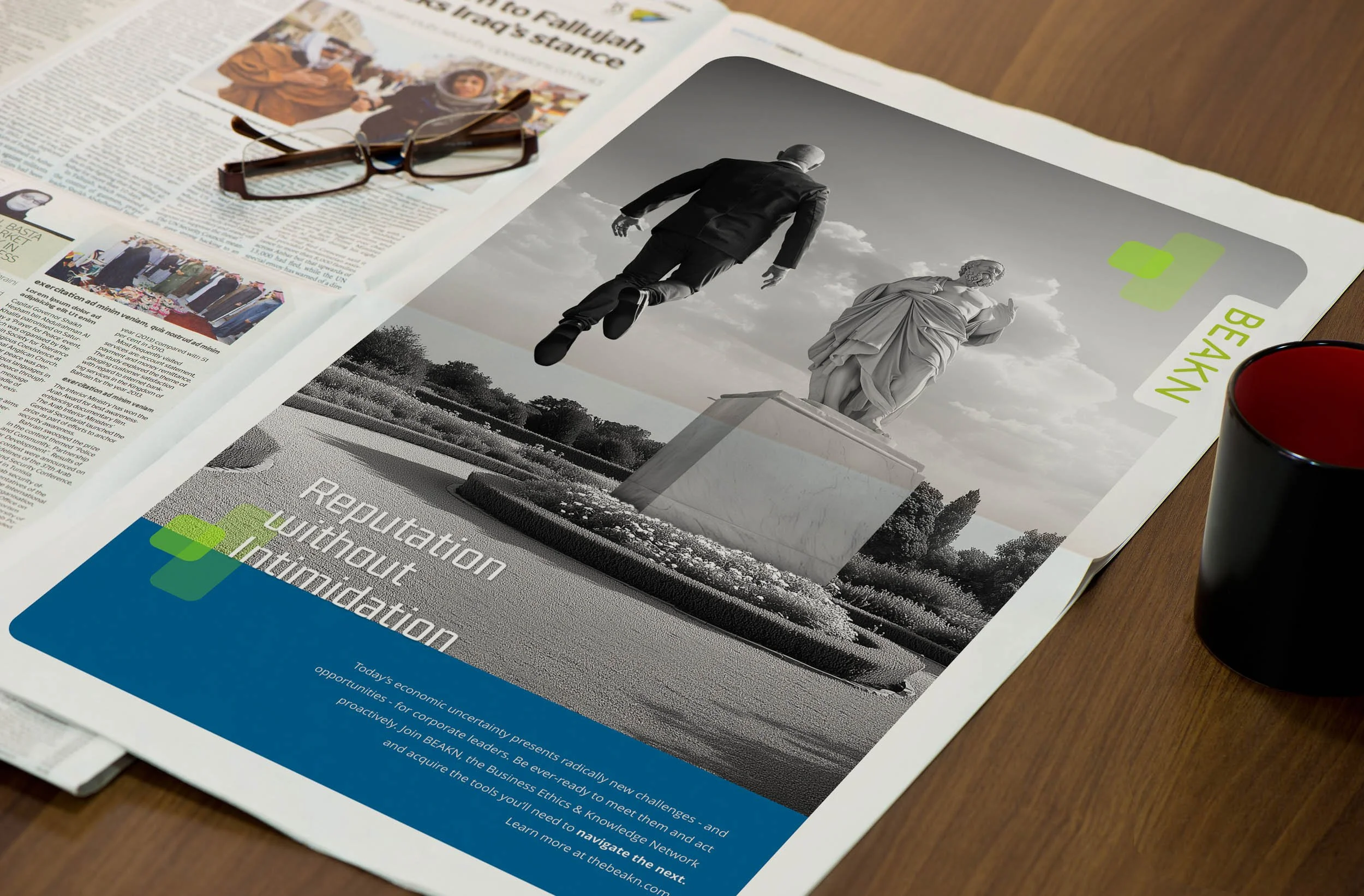 A newspaper page with a black-and-white photo of a man jumping, and a statue in the background. The page features a colorful section with green and blue elements and the titles 'BEAKN' and 'Reputation, Lighthouses, & Navigation.' There are also a pai