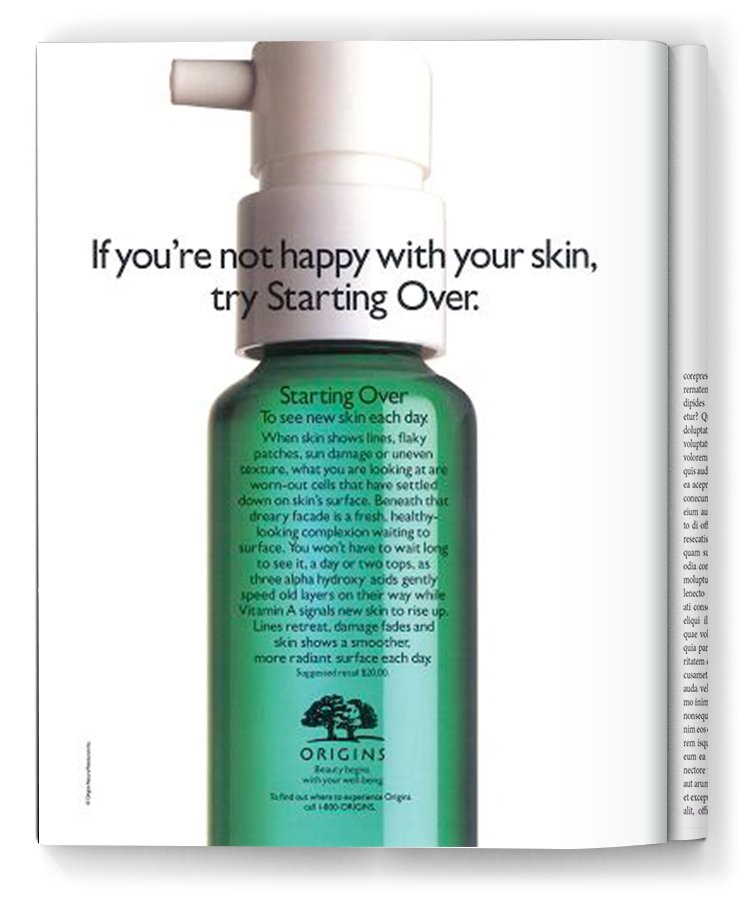 A skincare product called 'Starting Over' by Origins, displayed in a green bottle with a white pump dispenser, with text encouraging skincare and skin health.