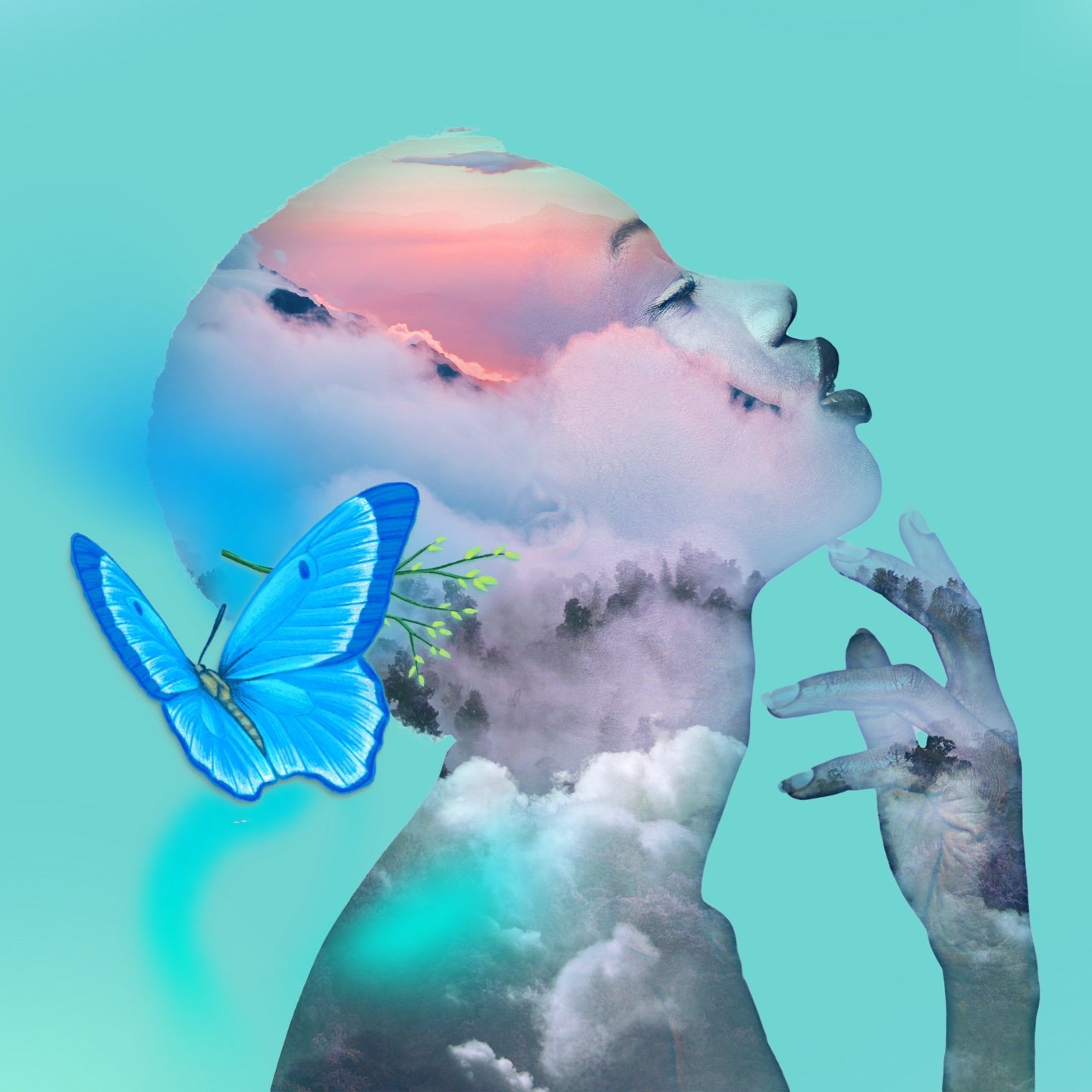 A digital art image of a woman's face in profile, merged with clouds, mountains, and a blue butterfly on her neck against a light turquoise background.