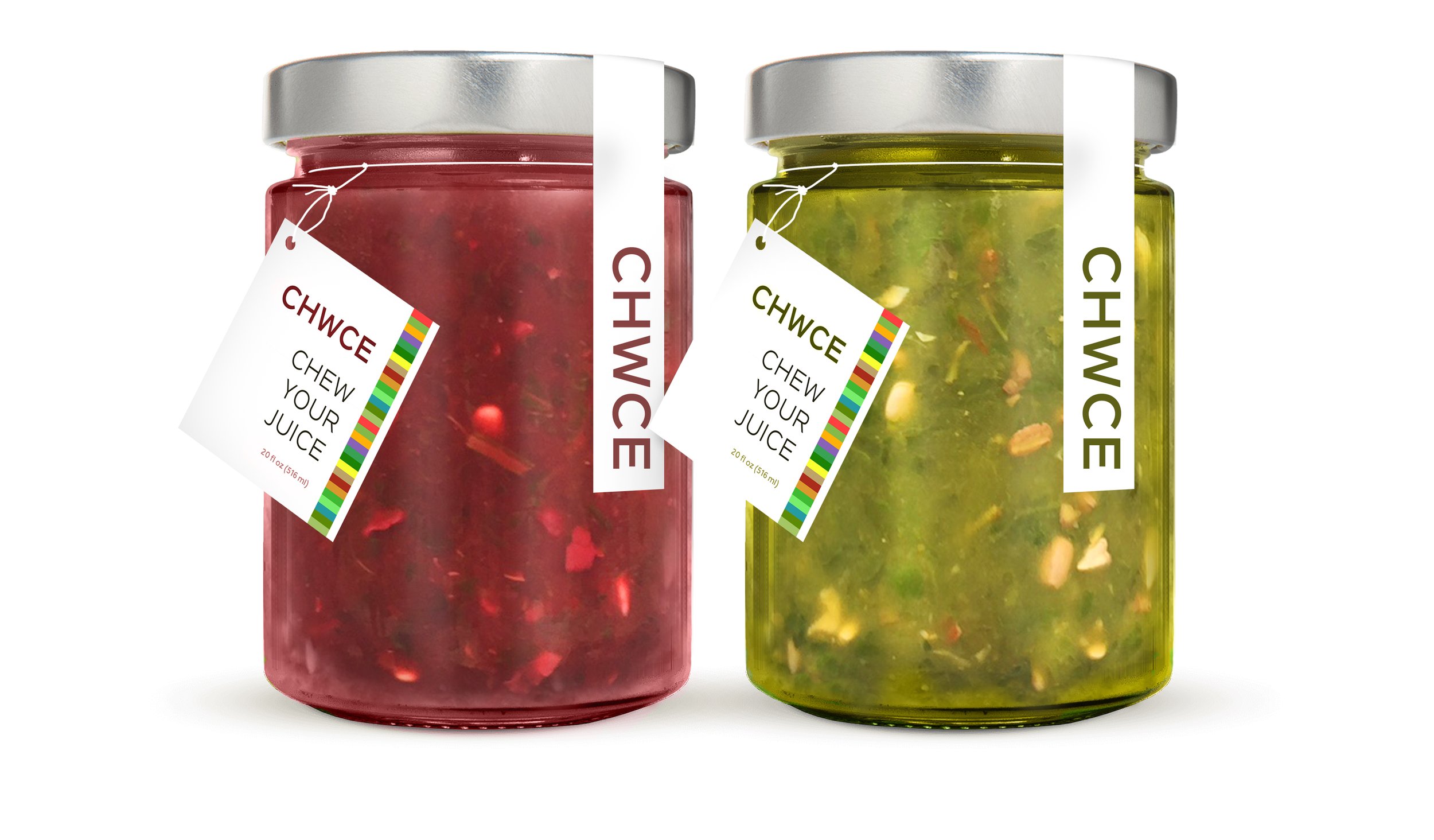 Two glass jars of juice with metal lids, one red and one yellow-green, labeled 'CHWCE' with tags that say 'CHEW YOUR JUICE'.