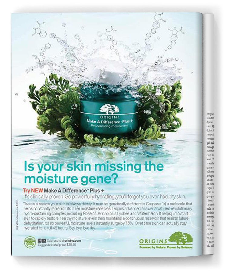 A skincare product jar labeled 'Origins Make A Difference Plus+ Rejuvenating Moisturizer' surrounded by green plants with water splashing around it.