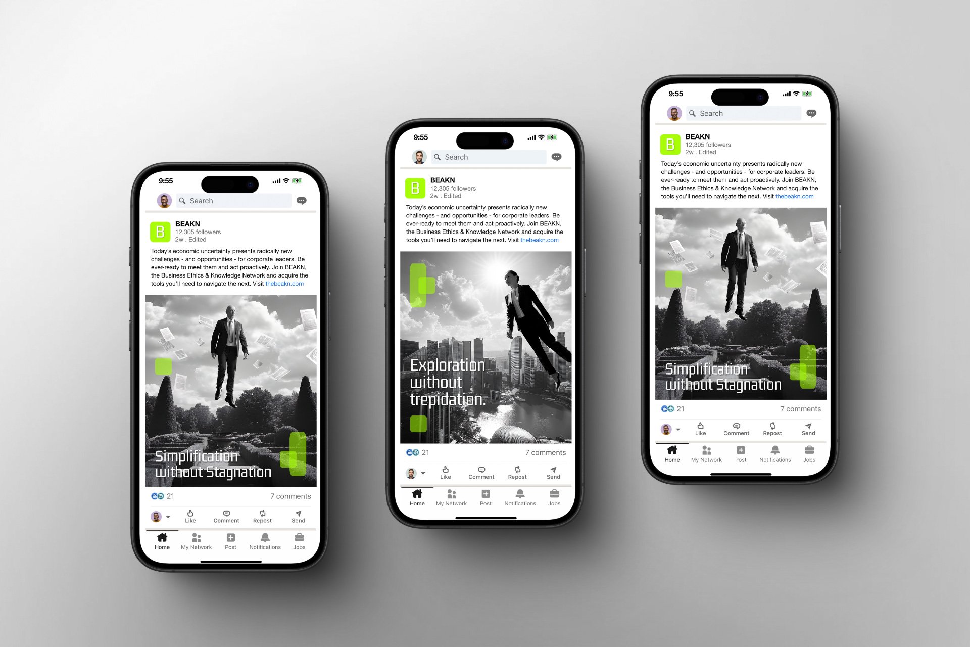 Three smartphones displaying social media feed with black and white photo of a man floating above a park and cityscape, with green graphic elements and overlay text about exploration and simplification.