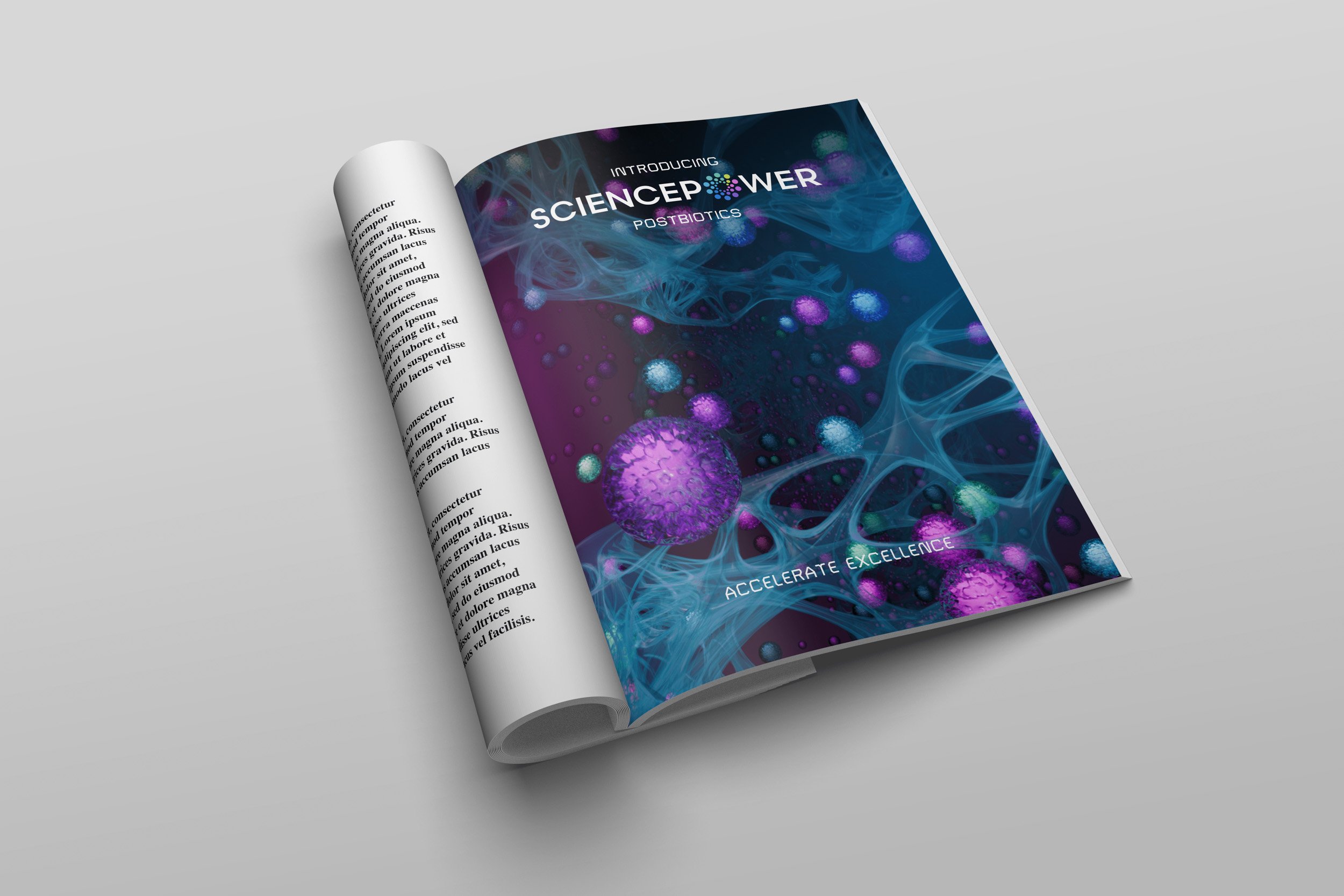 Brochure featuring the title 'SciencePower Postbiotics' with abstract violet and blue cellular imagery and particles on the cover, and the text 'Accelerate Excellence' at the bottom.