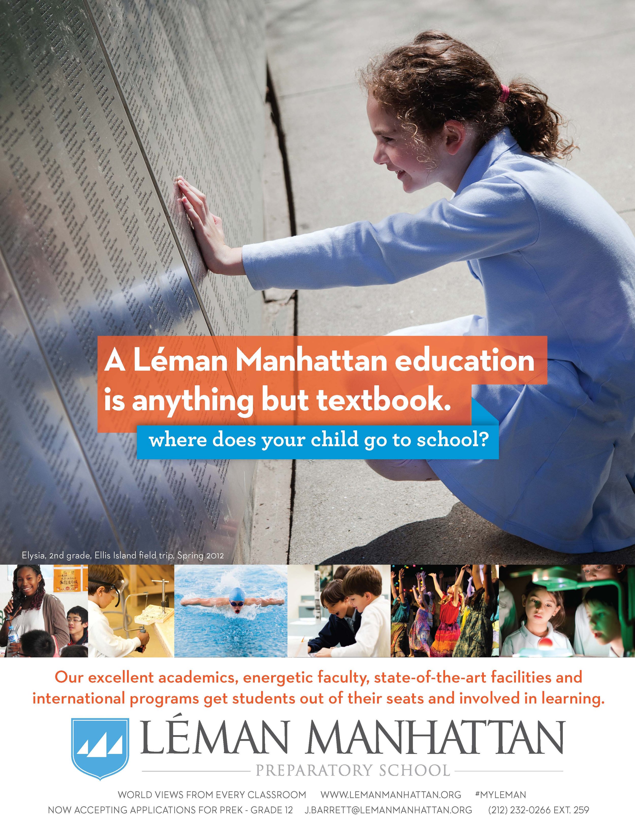 A girl in a blue dress touching a memorial wall with names. Overlay text promotes Leman Manhattan Preparatory School with photos of students engaging in various activities.