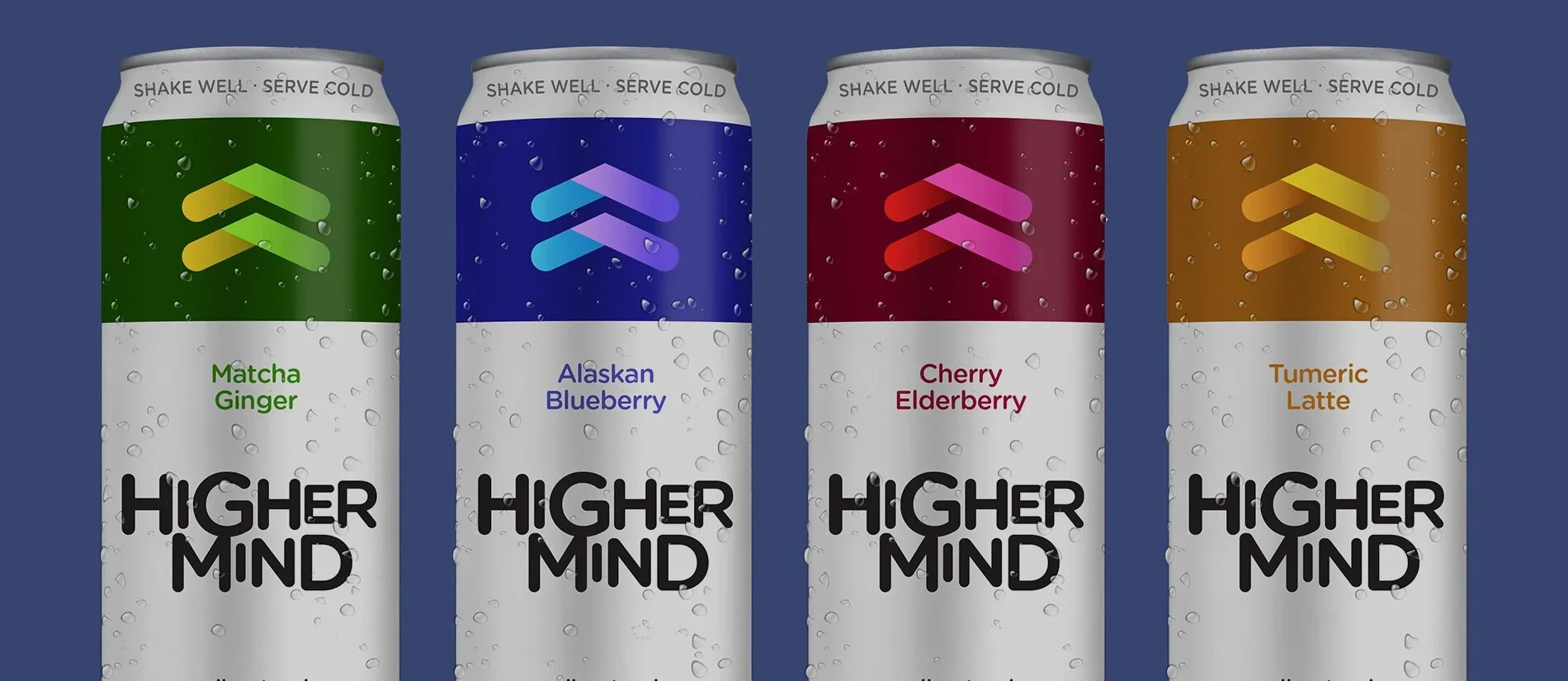 Four cans of Higher Mind beverages with colorful labels, each featuring a geometric arrow logo and flavor: Matcha Ginger, Alaskan Blueberry, Cherry Elderberry, and Turmeric Latte, against a blue background.
