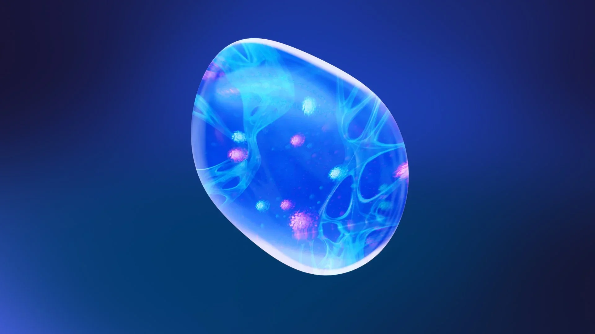 A bioluminescent jellyfish floating in dark blue water with glowing blue, pink, and purple lights inside.