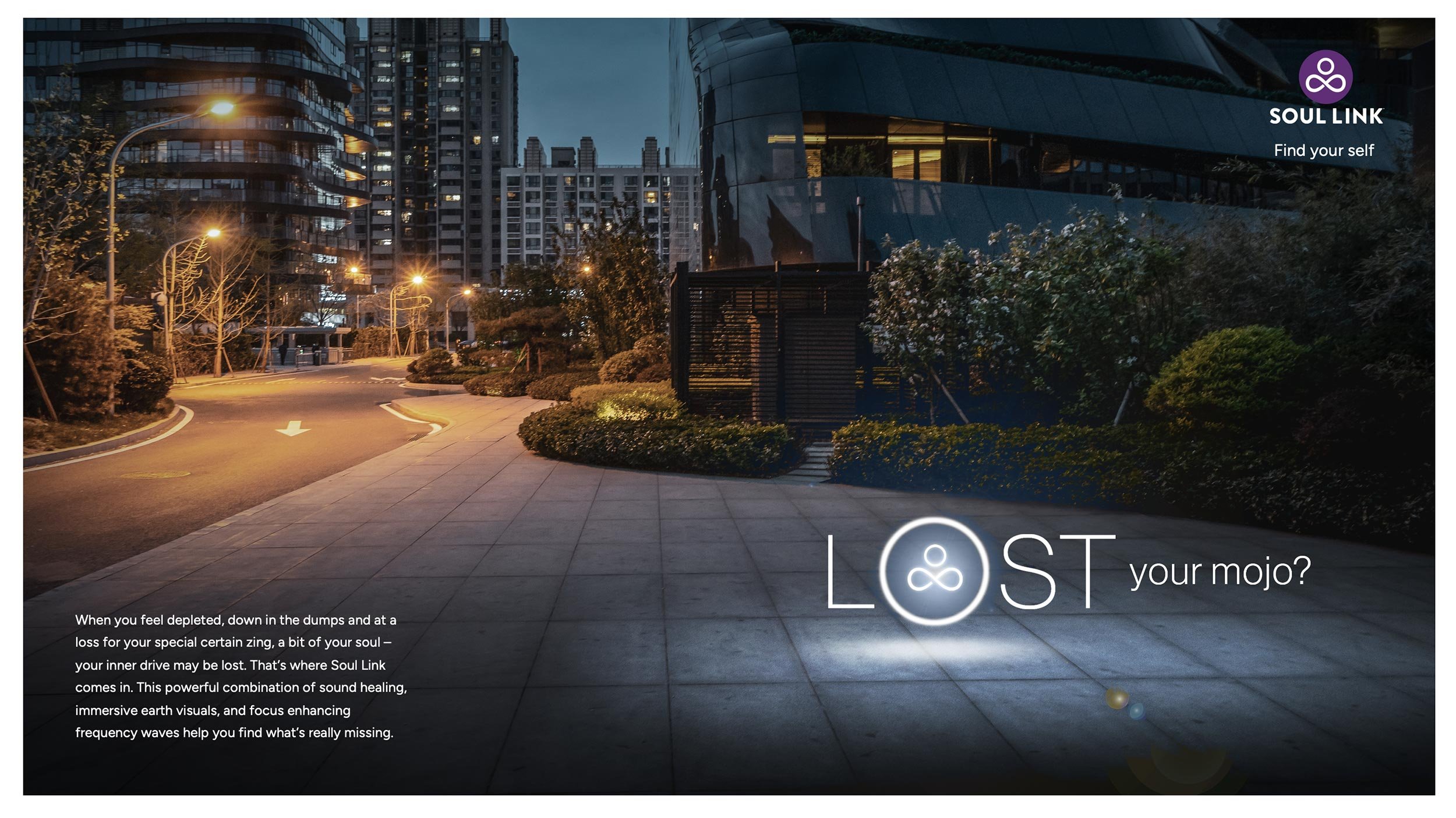 Nighttime cityscape with a curved sidewalk and streetlights; overlaid text promoting Soul Link for sound healing and inner balance.