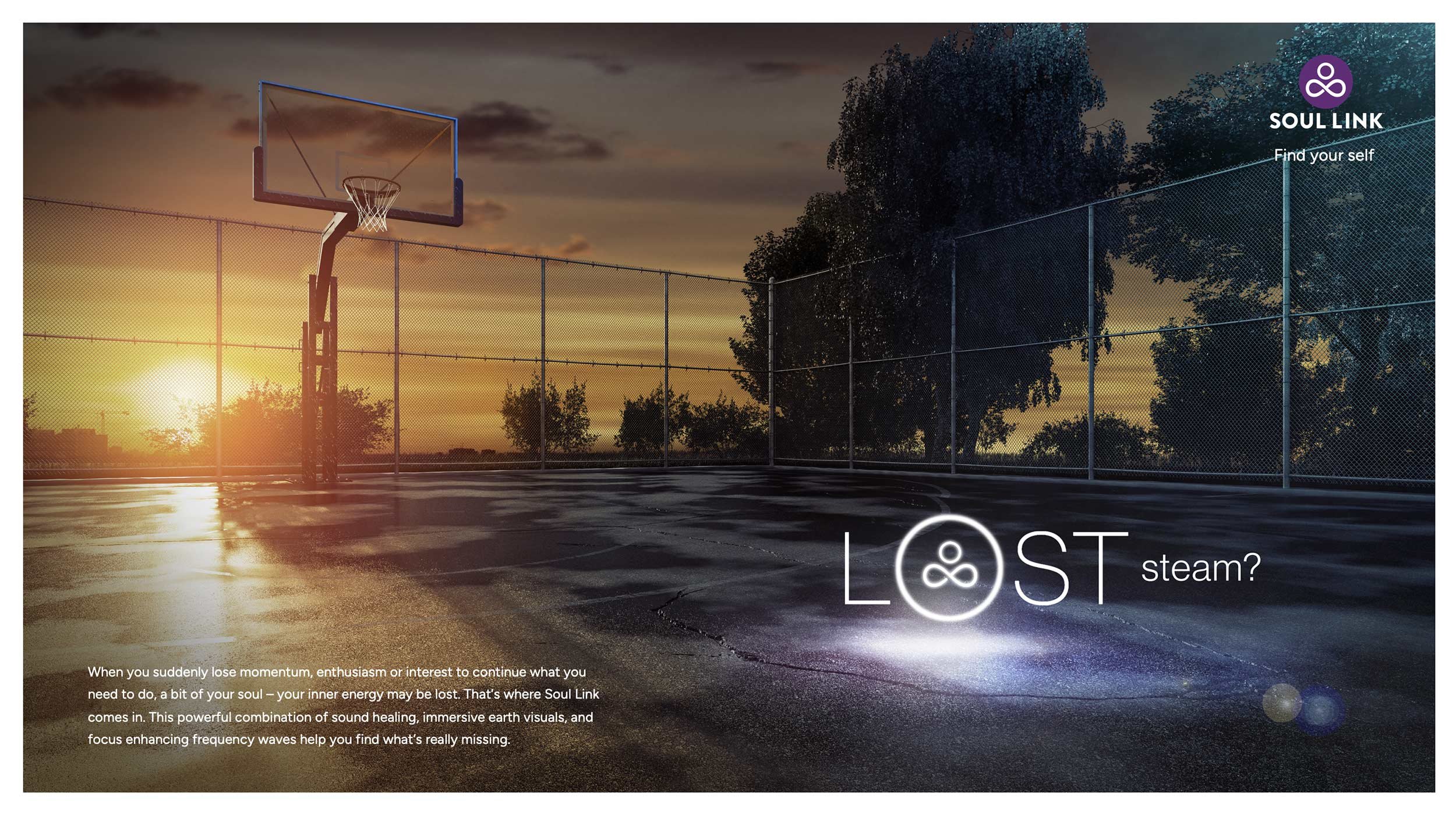 An outdoor basketball court at sunset with a hoop and net, surrounded by a chain-link fence and trees in the background.