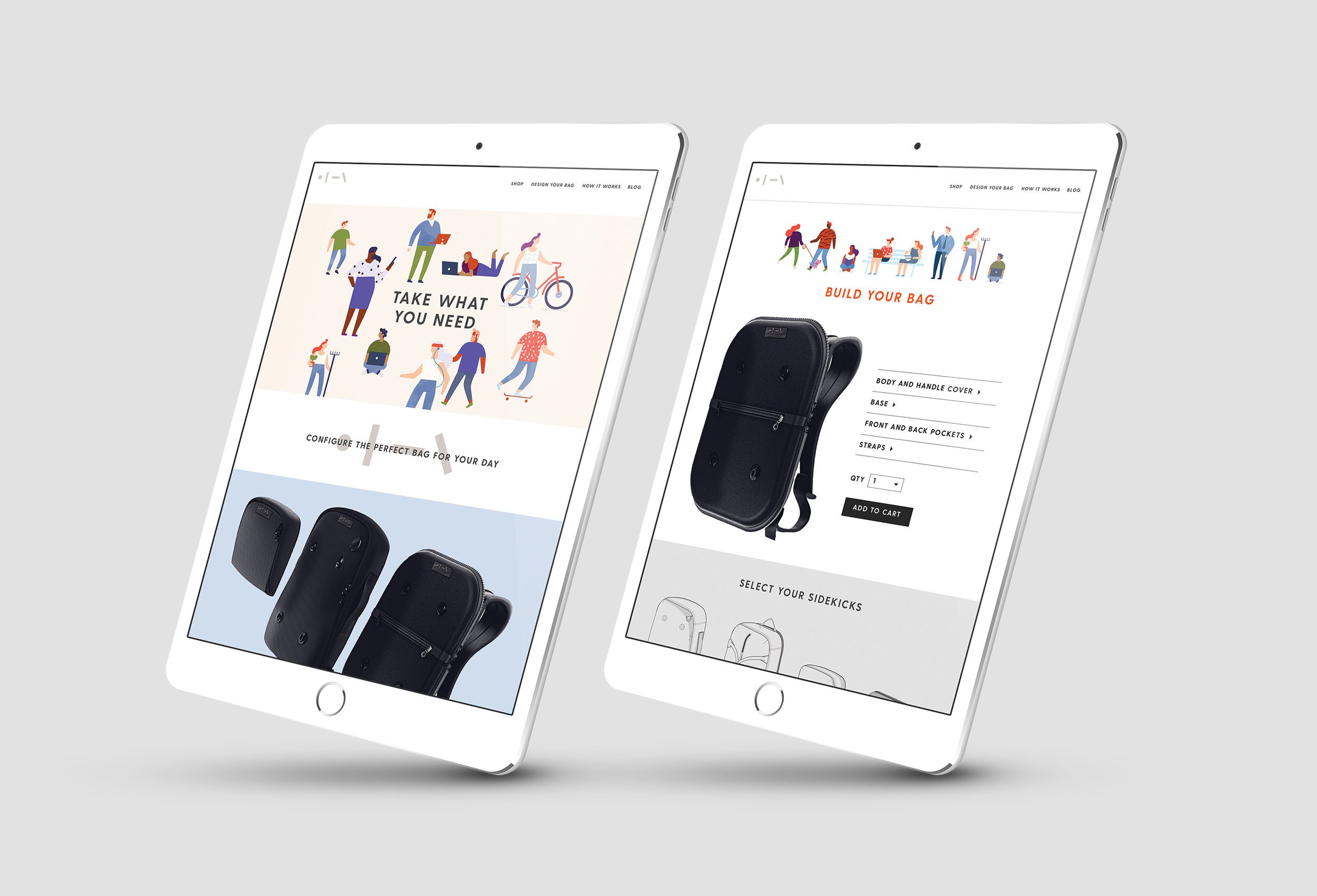 Two white tablets showing a website for customizable bags, with illustrations of people and a selection of black bags displayed on each screen.