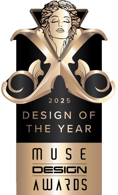 Design of the Year Muse Design Awards 2025 logo featuring a stylized figure of a woman with flowing hair and ornamental elements in black, gold, and beige colors.