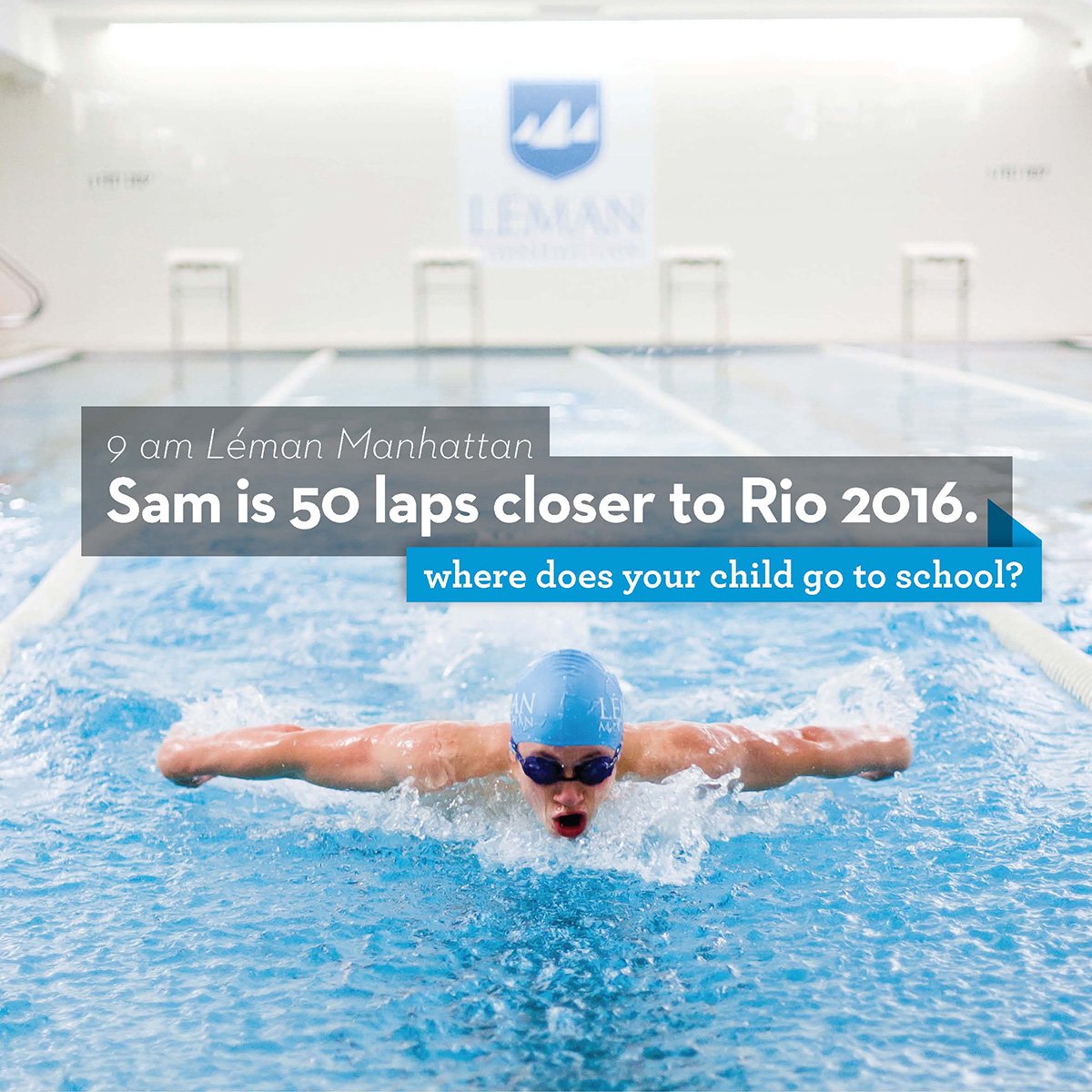 A swimmer in a blue cap and goggles swimming freestyle in an indoor pool with a Leeman logo on the wall behind. Text overlay about a child's progress toward Rio 2016 and a question about school.