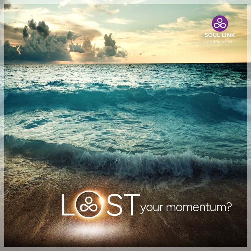 A beach with ocean waves and a sunset sky, featuring the text 'LOST your momentum?' and the logo for Soul Link with the slogan 'Find Your Self' in the upper right corner.
