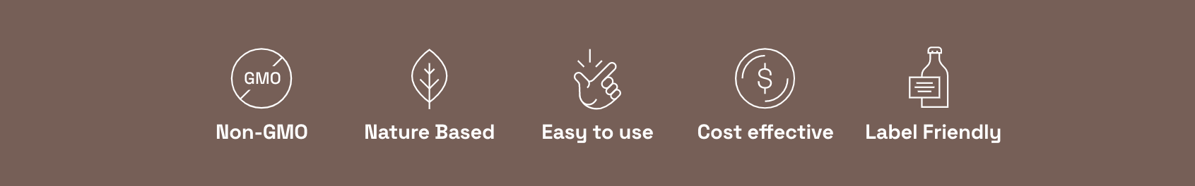 Icons and text highlighting product features: Non-GMO, Nature Based, Easy to use, Cost effective, Label Friendly.