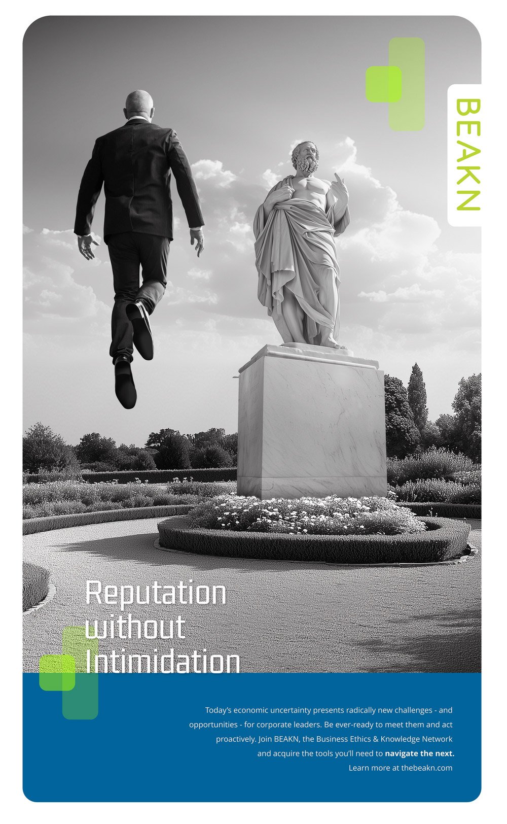 A black and white image of a man in a suit jumping toward a sculpture of a robed figure on a pedestal in a garden with trees in the background. There is a green and white graphic element and the text 'BE A KN.' The bottom blue section contains the text 'Reputation without Intimidation' and additional informational text about business ethics and knowledge network.