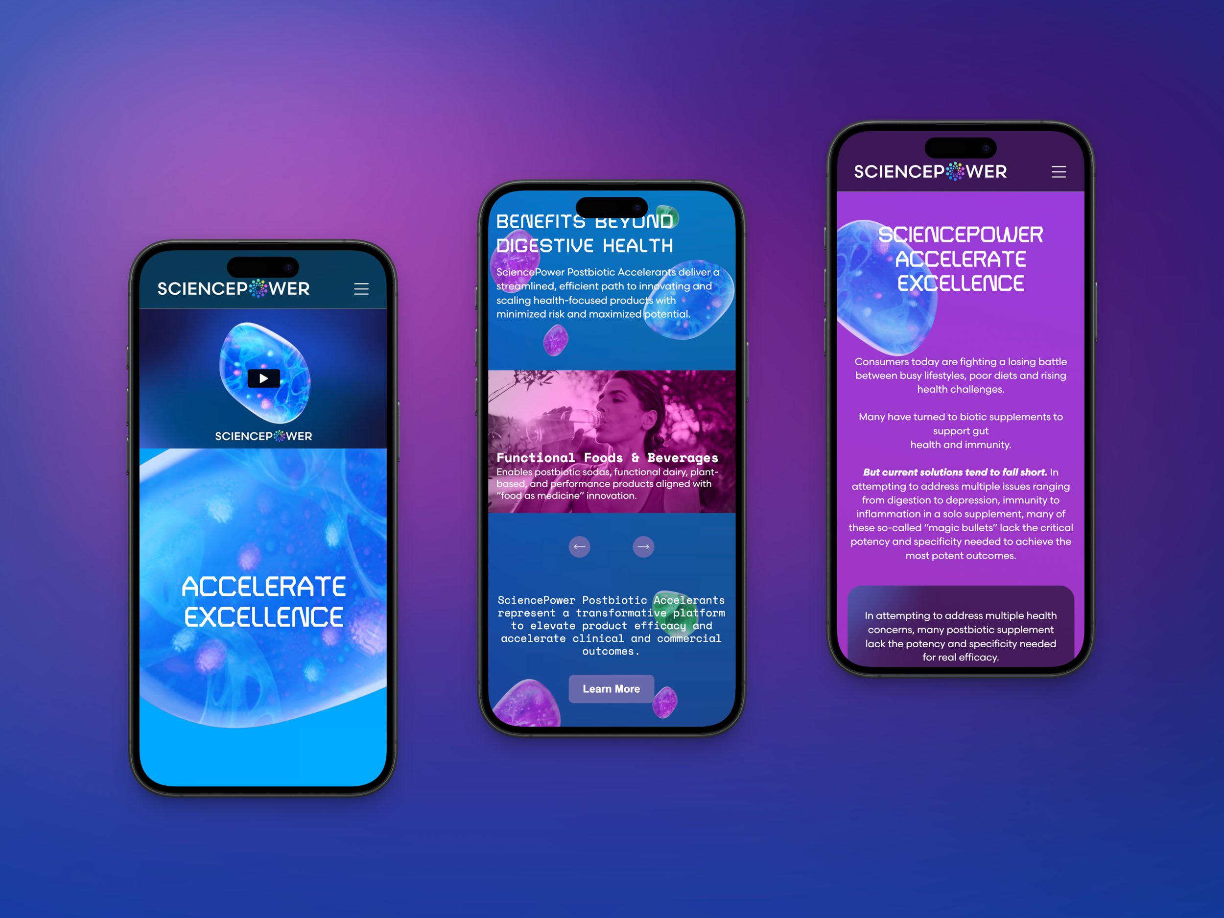 Three smartphones displaying a health and wellness app called SciencePower, with vibrant colorful backgrounds and text about health benefits, supplements, and innovations.