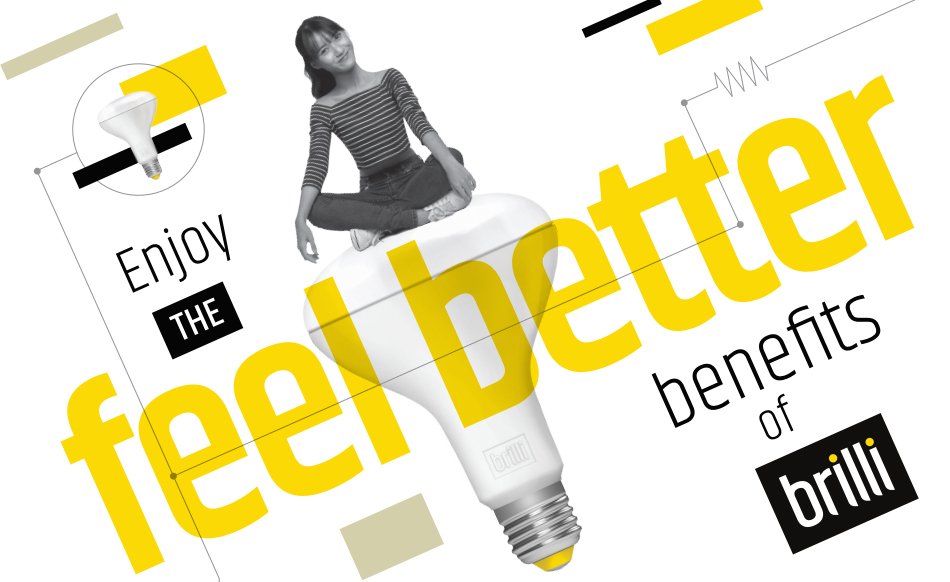 A black and white smiling woman sitting cross-legged on a large lightbulb with colorful abstract graphics and text about the benefits of feeling better.