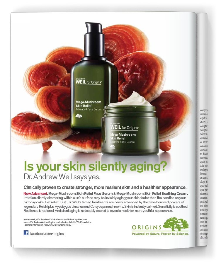 Advertisement for Dr. Andrew Weil's Mega-Mushroom Skin Relief products featuring a serum and cream with Reishi and Cordyceps mushrooms, surrounded by mushroom images.
