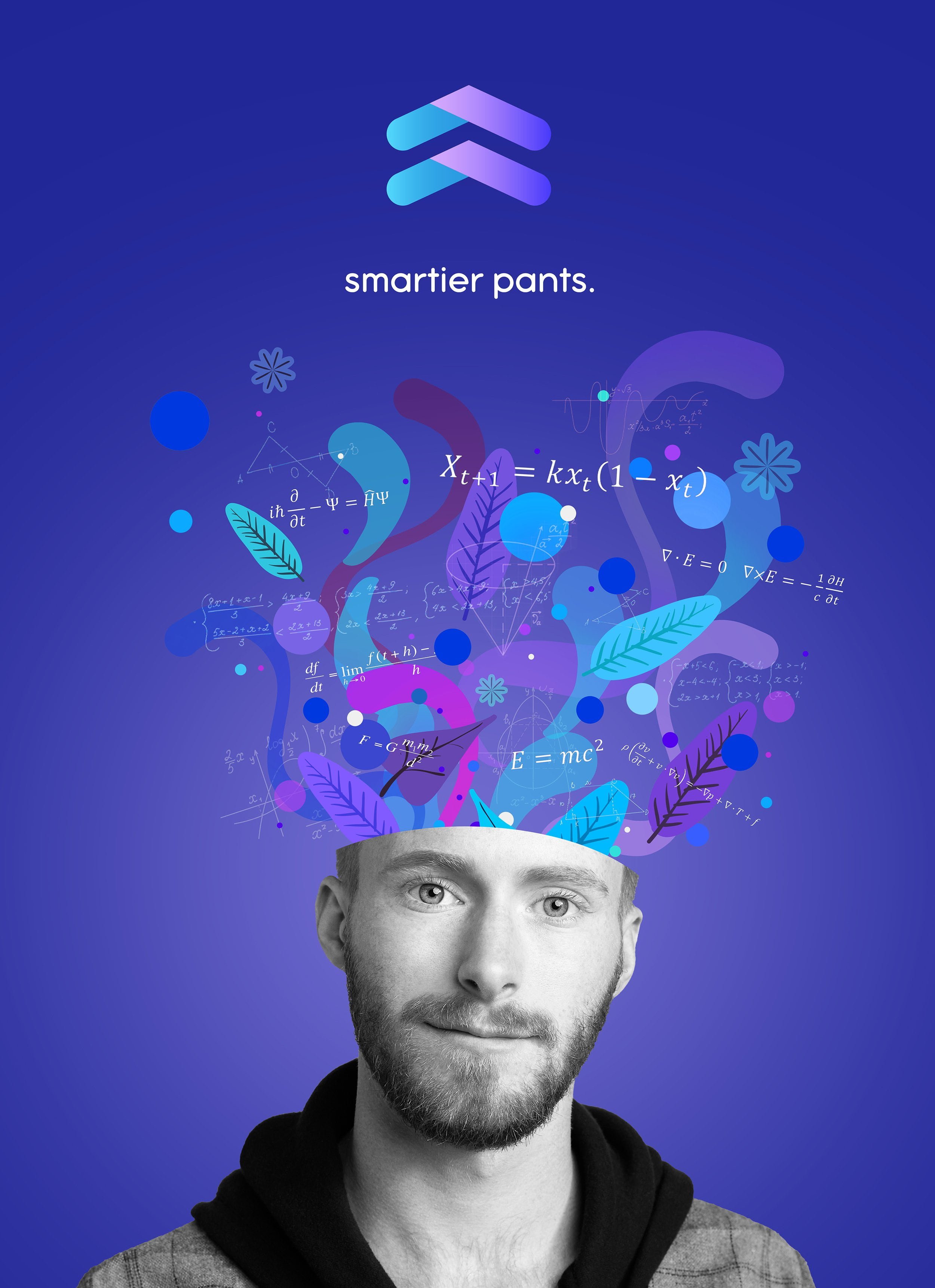 Graphic design with a photo of a young man with a beard in black and white at the bottom. Above him, a colorful illustration of mathematical equations, formulas, and leaves emerging from his head, representing ideas and intelligence. The background i