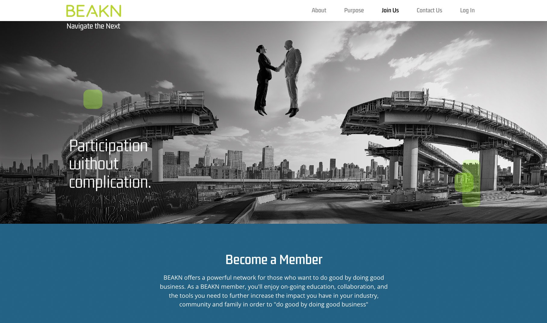 Website homepage with black and white cityscape background. Two businesspeople floating in mid-air shaking hands, with green icons on bridge structures. Text overlay: 'Participation without complication.' and a call to action to become a member of BE