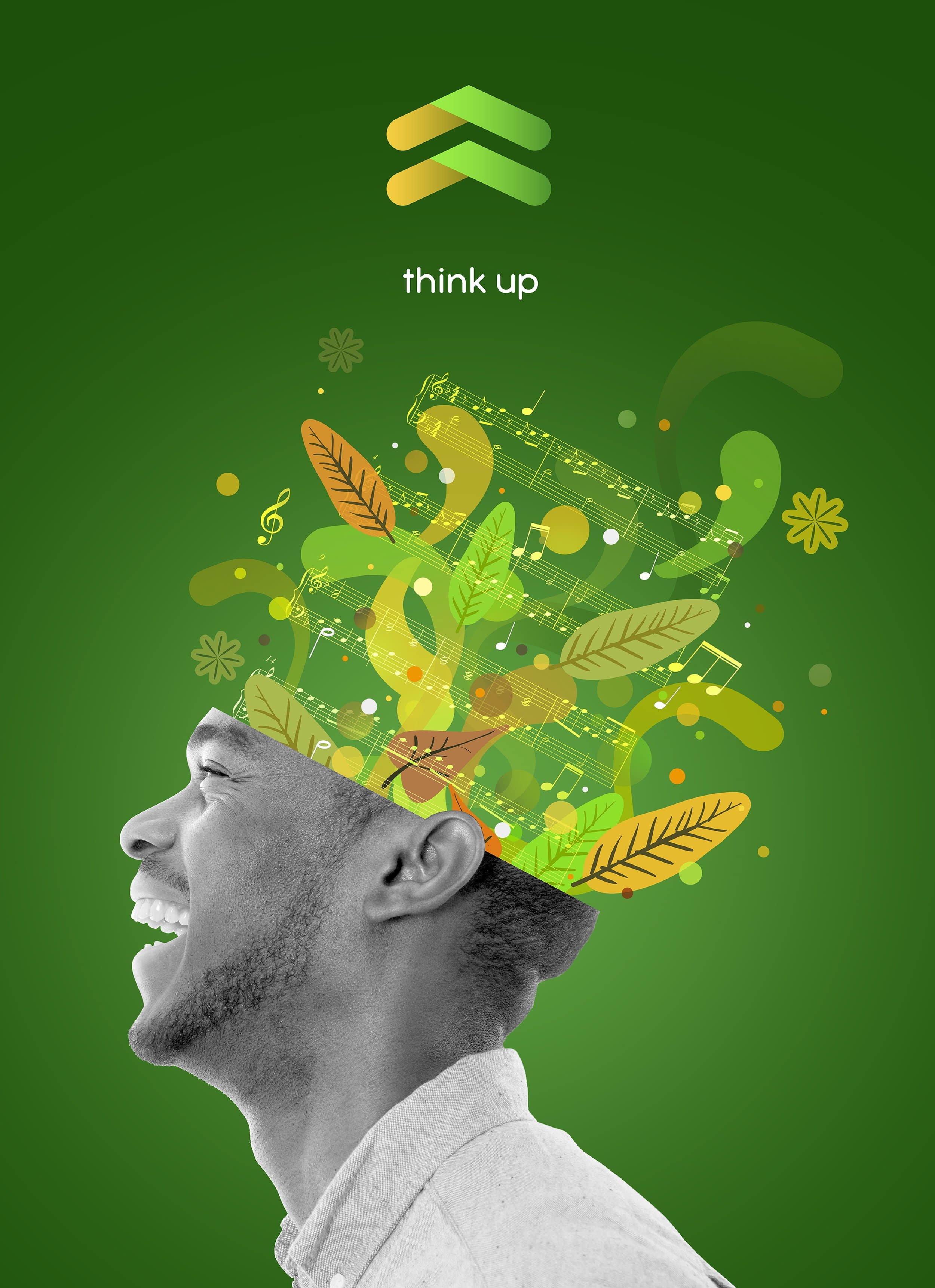 A man with a broad smile, black and white photo, set against a green background. Above his head, colorful musical notes, leaves, and abstract shapes flow outward with the phrase "think up" written above.