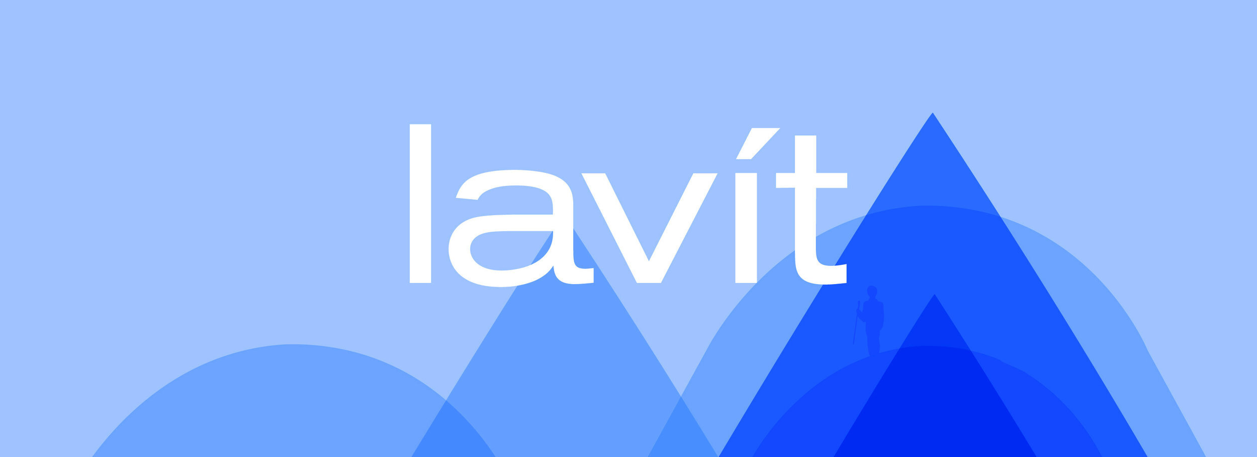 Illustration of mountains in various shades of blue with the word 'lávit' in white text over a light blue background, and a silhouette of a hiker with a cane standing on one of the mountains.