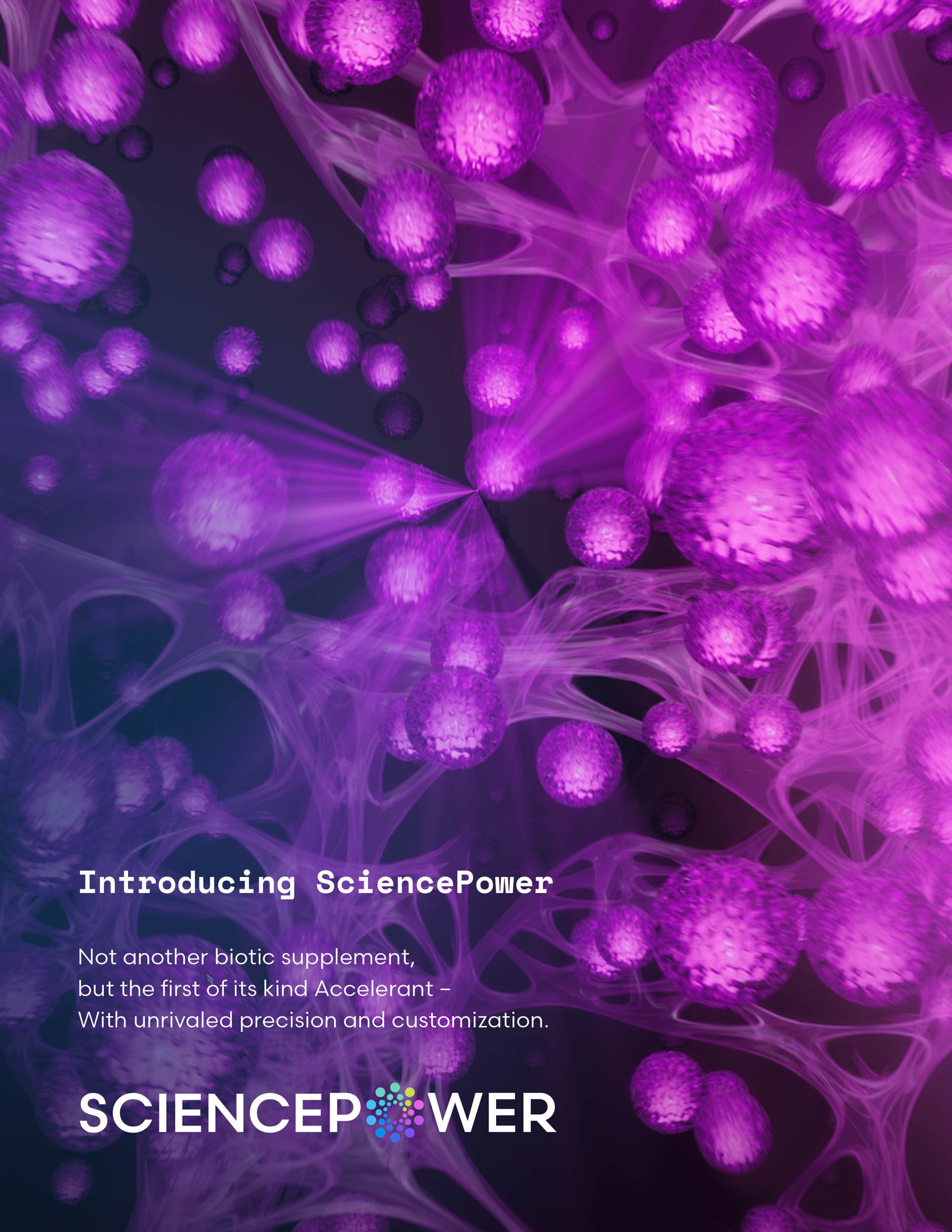 Futuristic digital art featuring purple glowing spheres interconnected with transparent web-like structures, representing scientific or technological innovation, with overlaid promotional text for SciencePower supplement.
