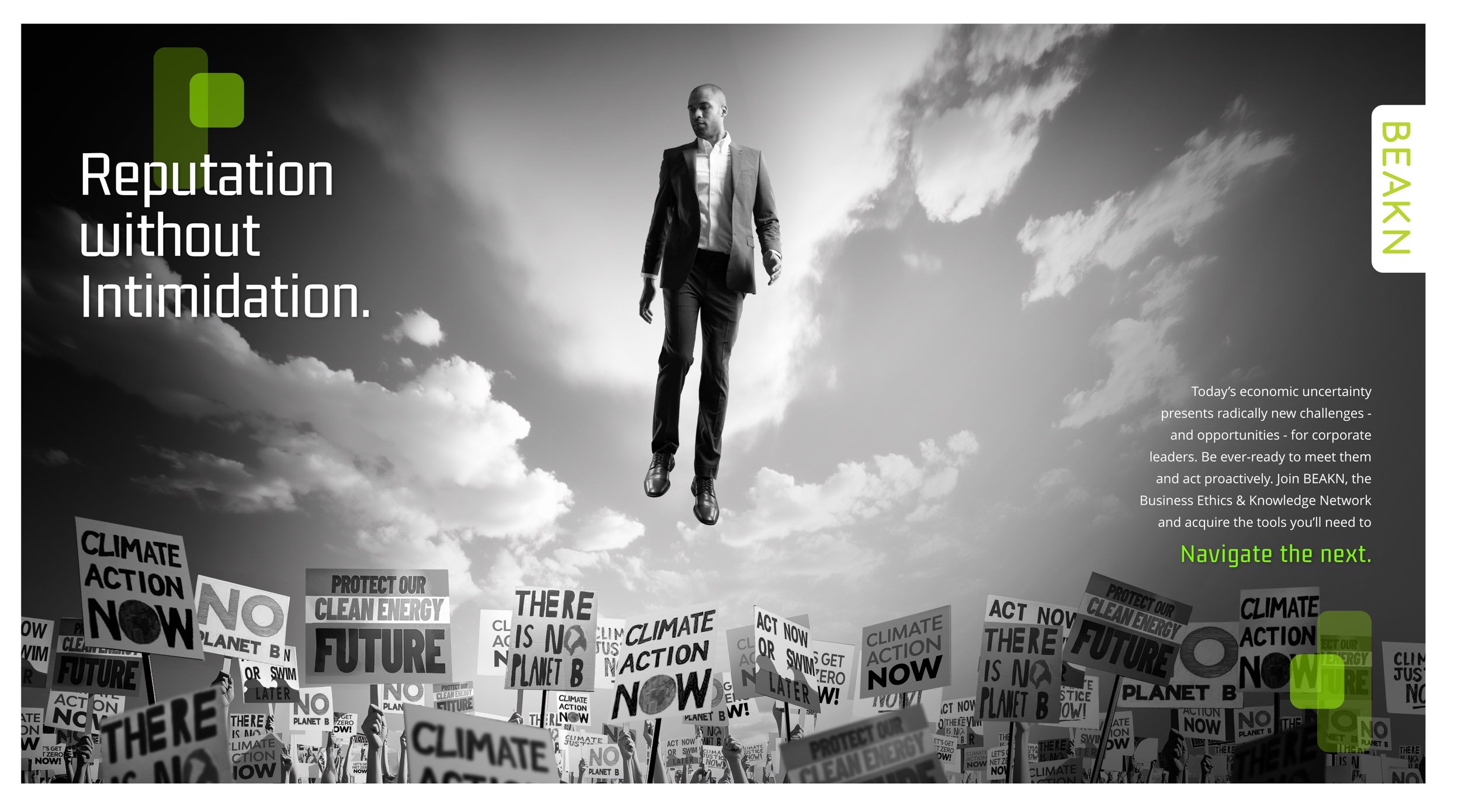 A businessman in a suit appears to be floating or descending in the sky above a crowd of protestors holding signs that say "Climate Action Now," "No Planet B," and "Protect Our Clean Energy Future"; the image includes the text "Reputation without Int