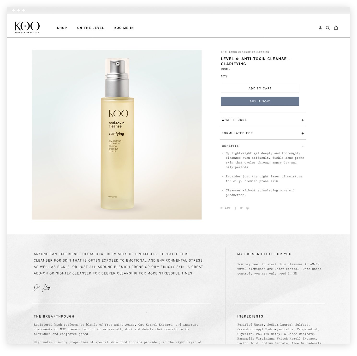 Product page of KOO anti-toxin cleanse clarifying spray, priced at $75, displayed with options to add to cart and purchase now, center of the page, with benefits and ingredients listed on the right side.