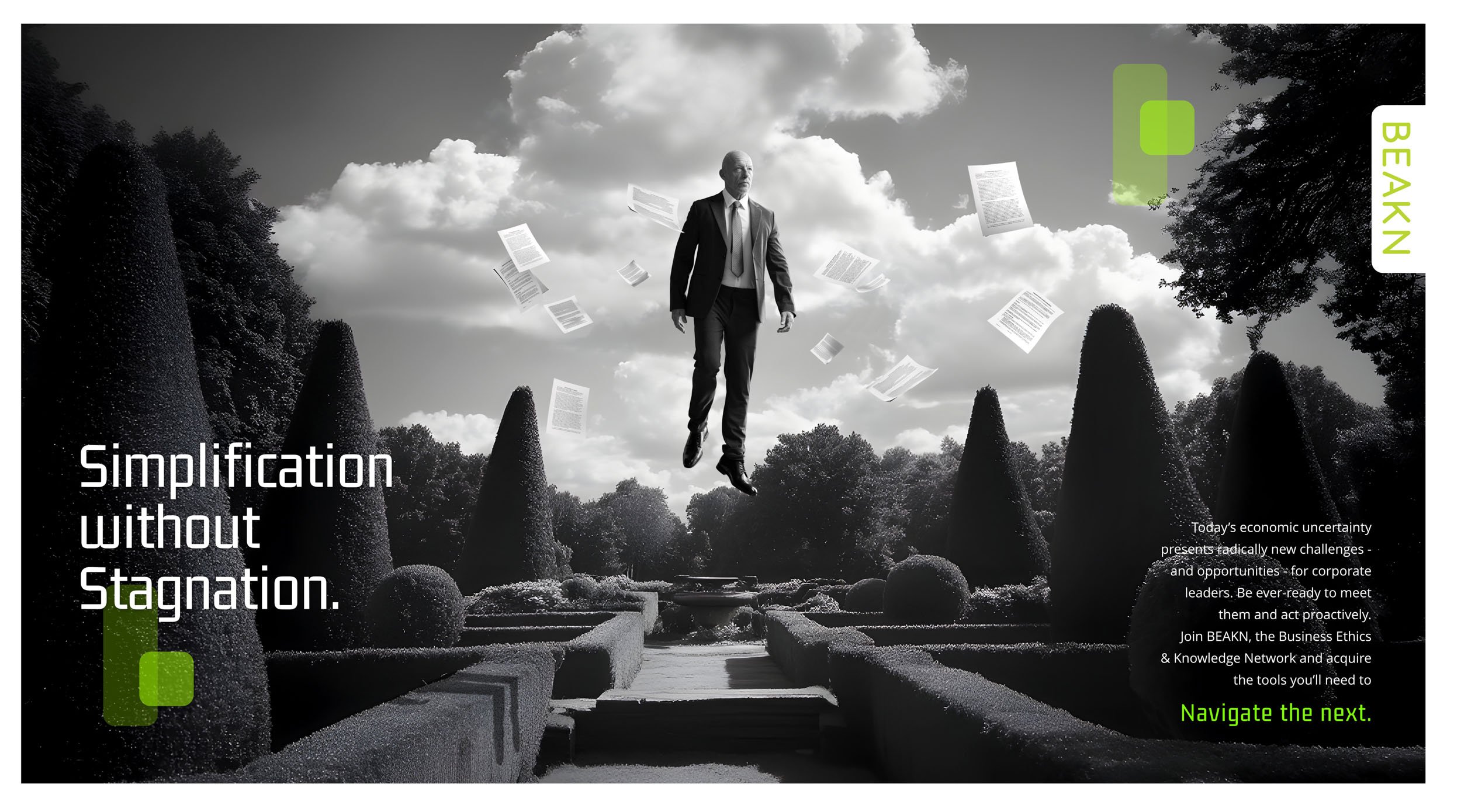 A person in a business suit appears to float above a garden with sculpted bushes and trees, with papers flying around under a partly cloudy sky. Text on the image reads 'Simplification without Stagnation.' and additional information about business ch