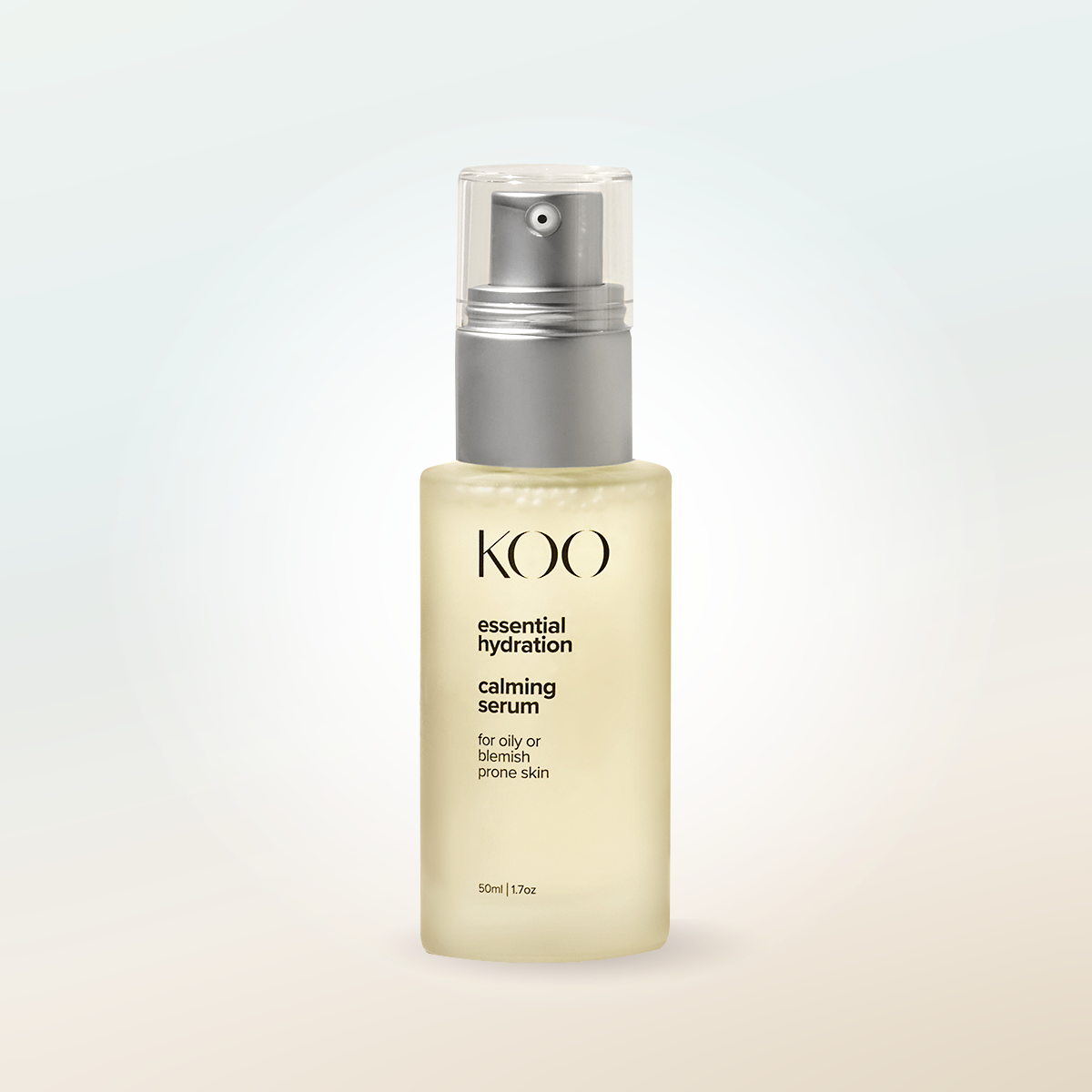 A bottle of KOI essential hydration calming serum designed for oily or blemish-prone skin, with a spray nozzle and a semi-transparent, light yellow liquid inside.
