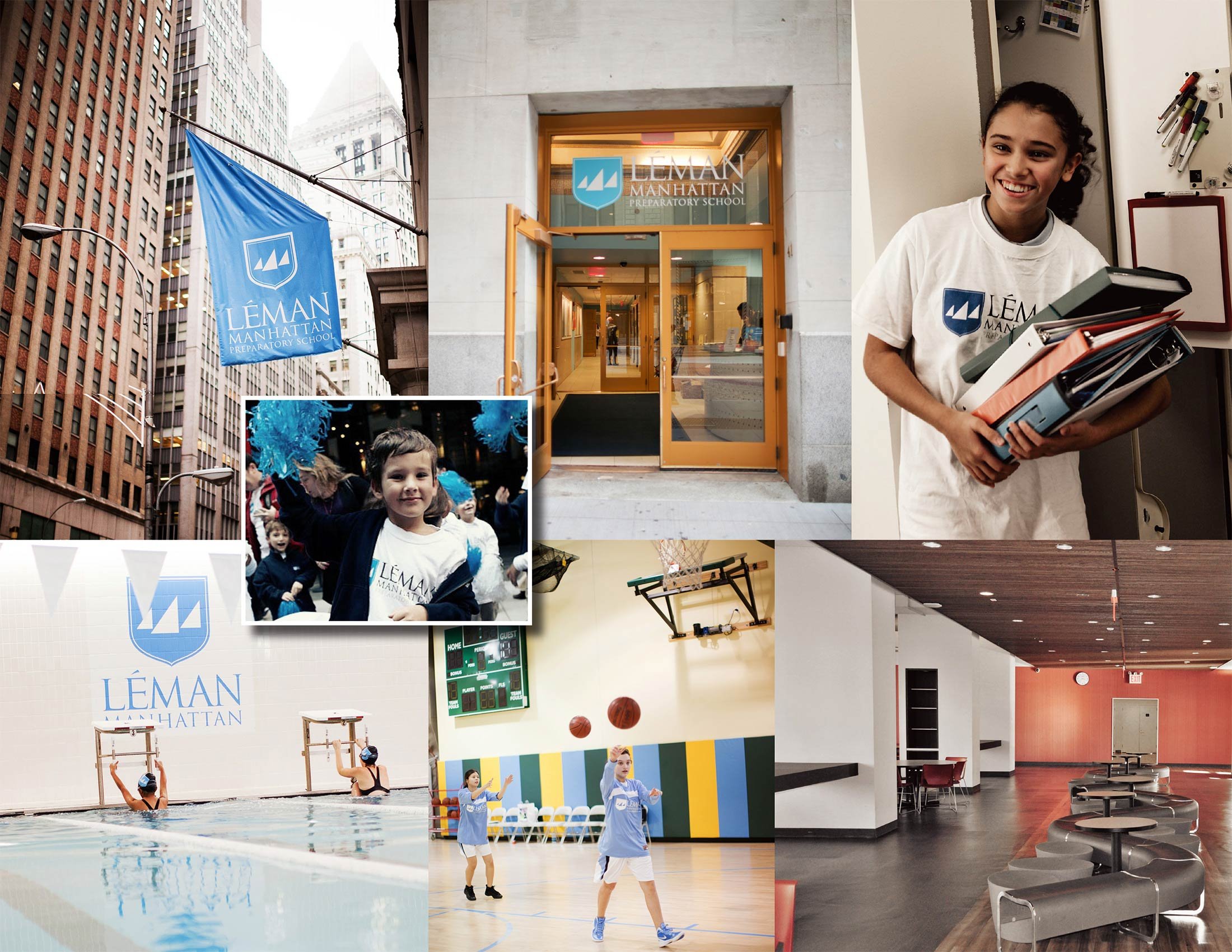 A collage of photos showing scenes from Leman Manhattan Preparatory School, including an exterior with the school's sign and flag, students inside and outside, a swimming pool, a gym with children playing basketball, and an indoor lounge area.