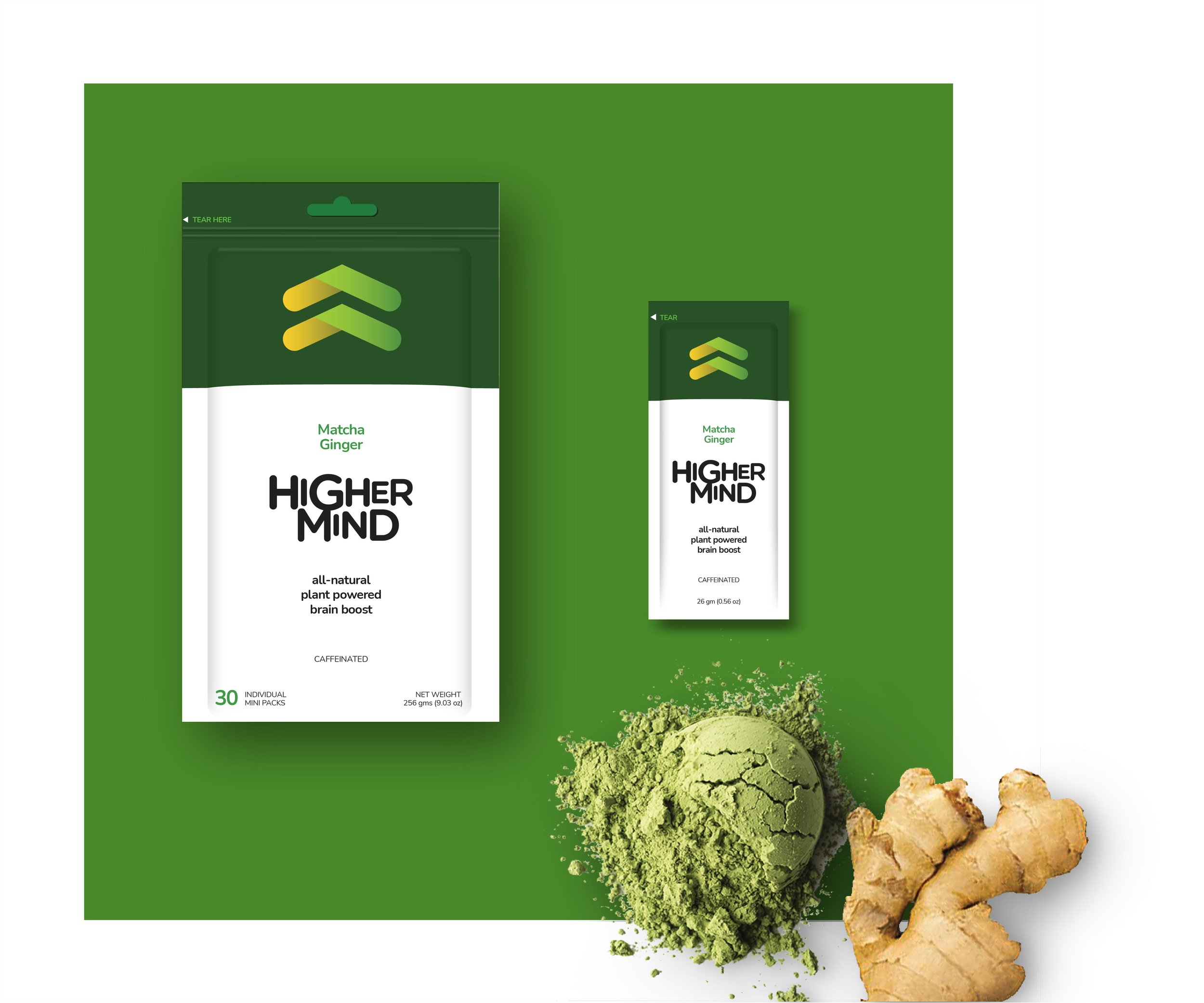 Two packets of herb supplement labeled Higher Mind, with green and white packaging, and fresh ginger root and ginger powder on a green background.