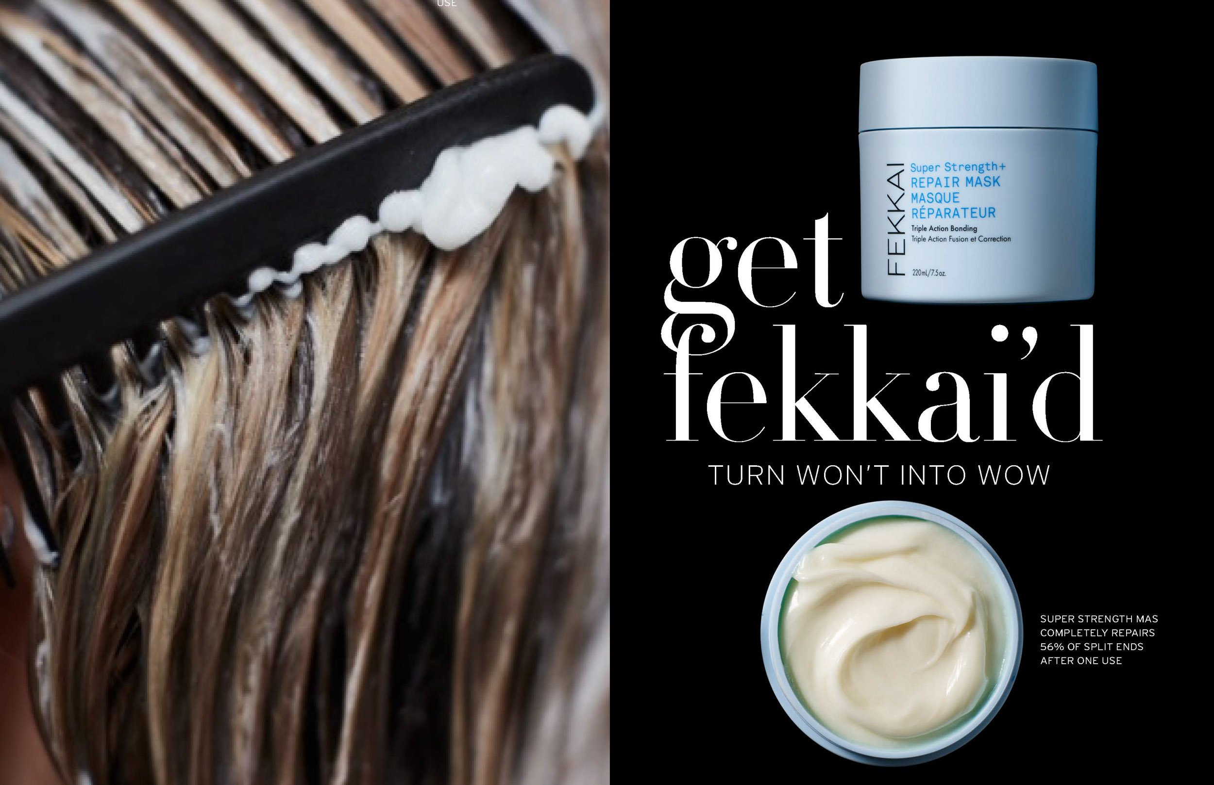 A split-image showing hair with split ends on the left and a hair repair product with text advertising its effectiveness on the right.