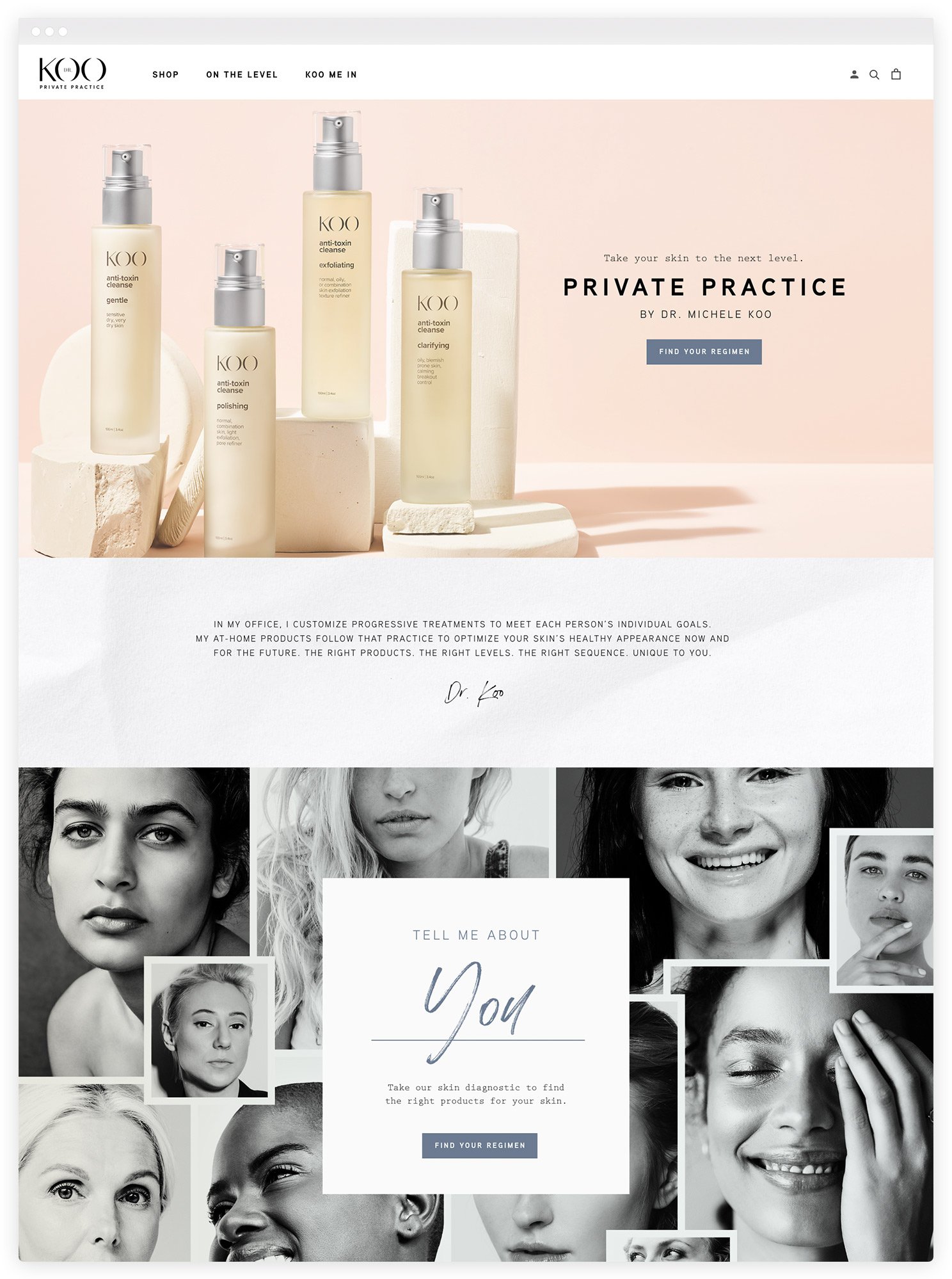 Homepage of a skincare website featuring a display of skincare bottles, black-and-white images of diverse women, and text about personalized skincare treatments.
