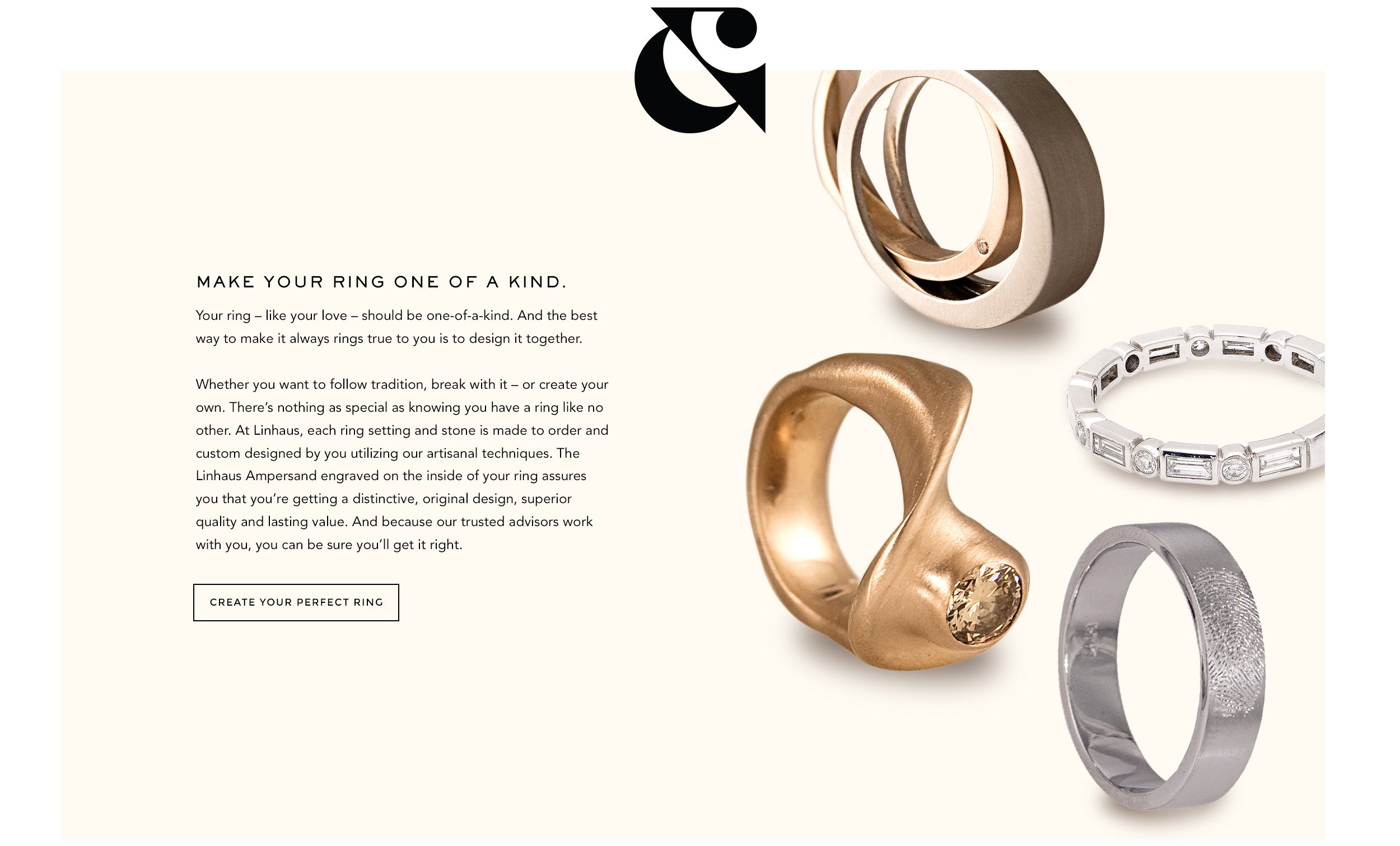 Website page with rings of various styles and a paragraph about custom jewelry, including a button labeled 'Create Your Perfect Ring'.