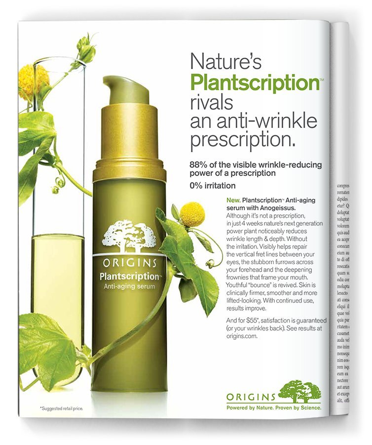 Open magazine featuring Origins Plantscription anti-aging serum with natural ingredients and leaf and plant illustrations.
