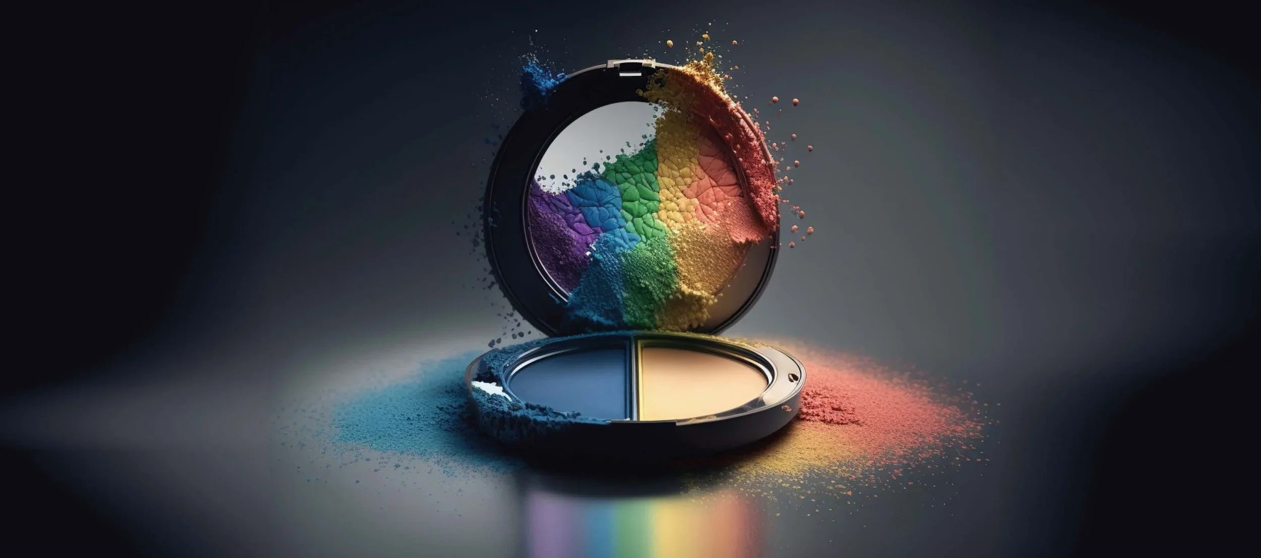 Open makeup compact with multi-colored pressed powder eyeshadow, showing a rainbow spectrum of colors. The powder is spilled, creating a color gradient on the surface beneath.