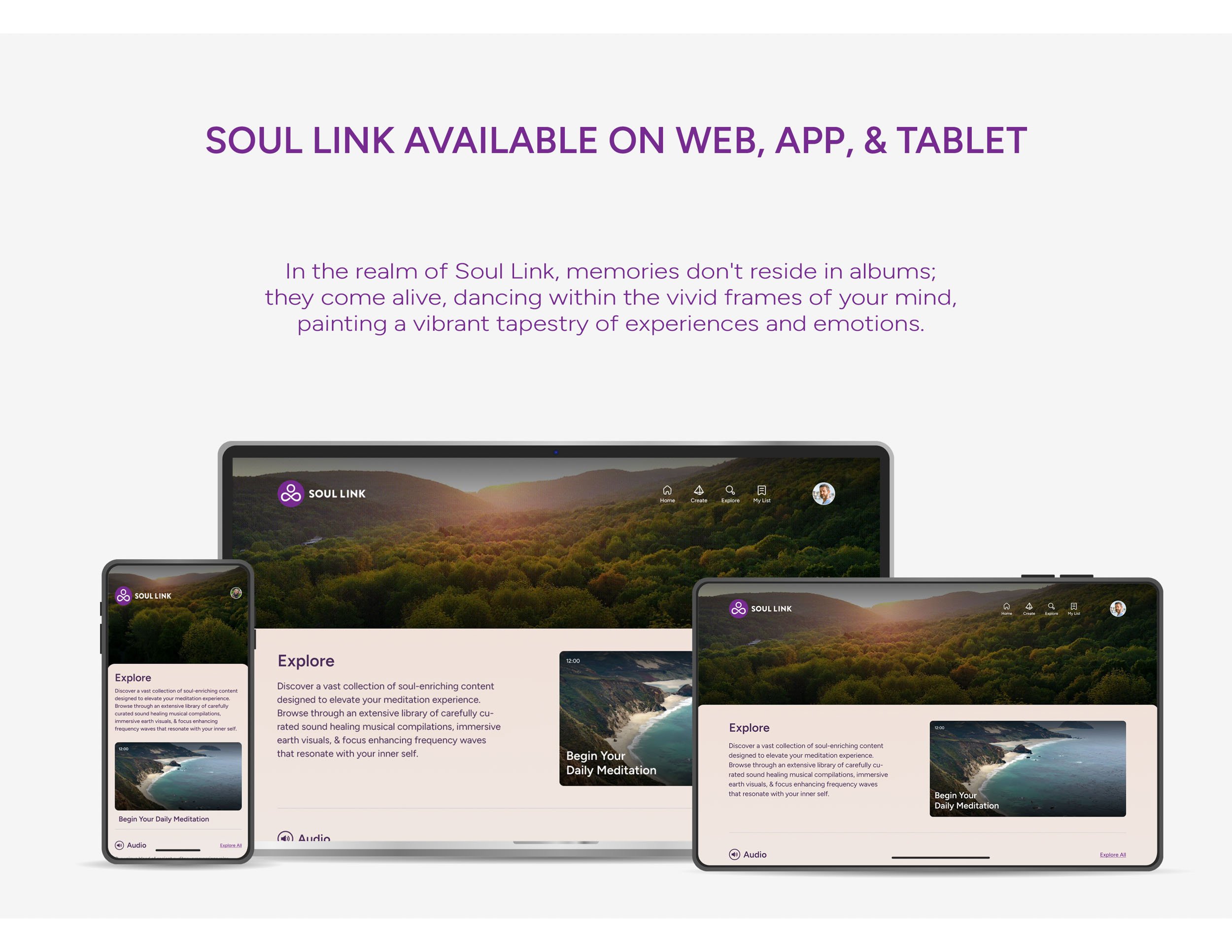 Screenshot of the Soul Link app displayed on a smartphone, tablet, and laptop screens, showing lush green landscapes and meditation content.