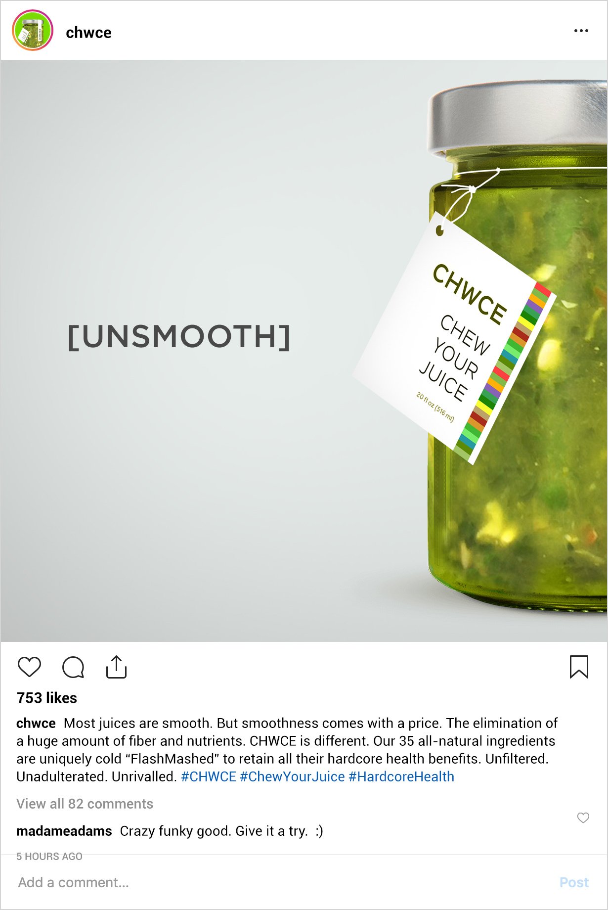 Green jar of juice with a white tag labeled 'CHWCE Chew Your Juice' and the brand name 'CHWCE' displayed on the left side of the image.