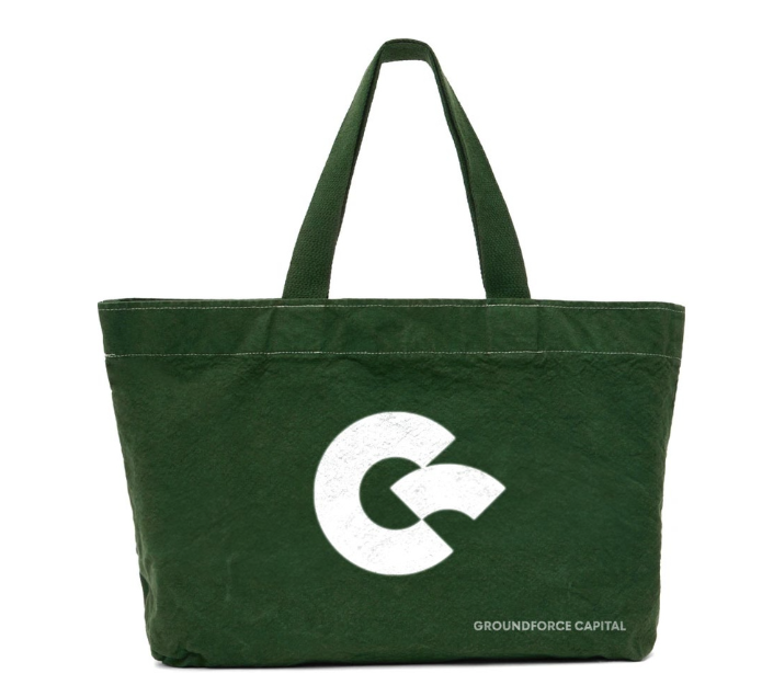 Green tote bag with white Groundforce Capital logo and text