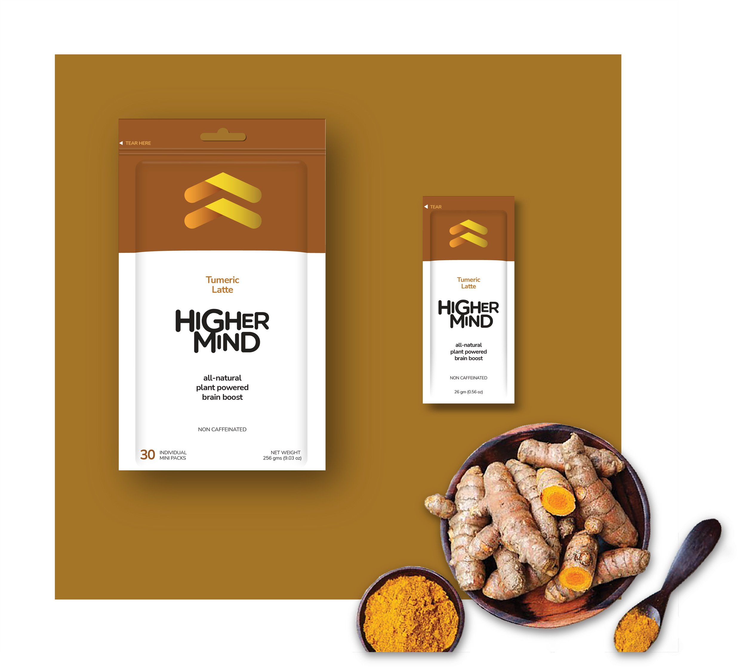 Packages of Higher Mind turmeric latte powder, a bowl of fresh turmeric roots, and a small bowl and spoon of turmeric powder on a brown and white background.