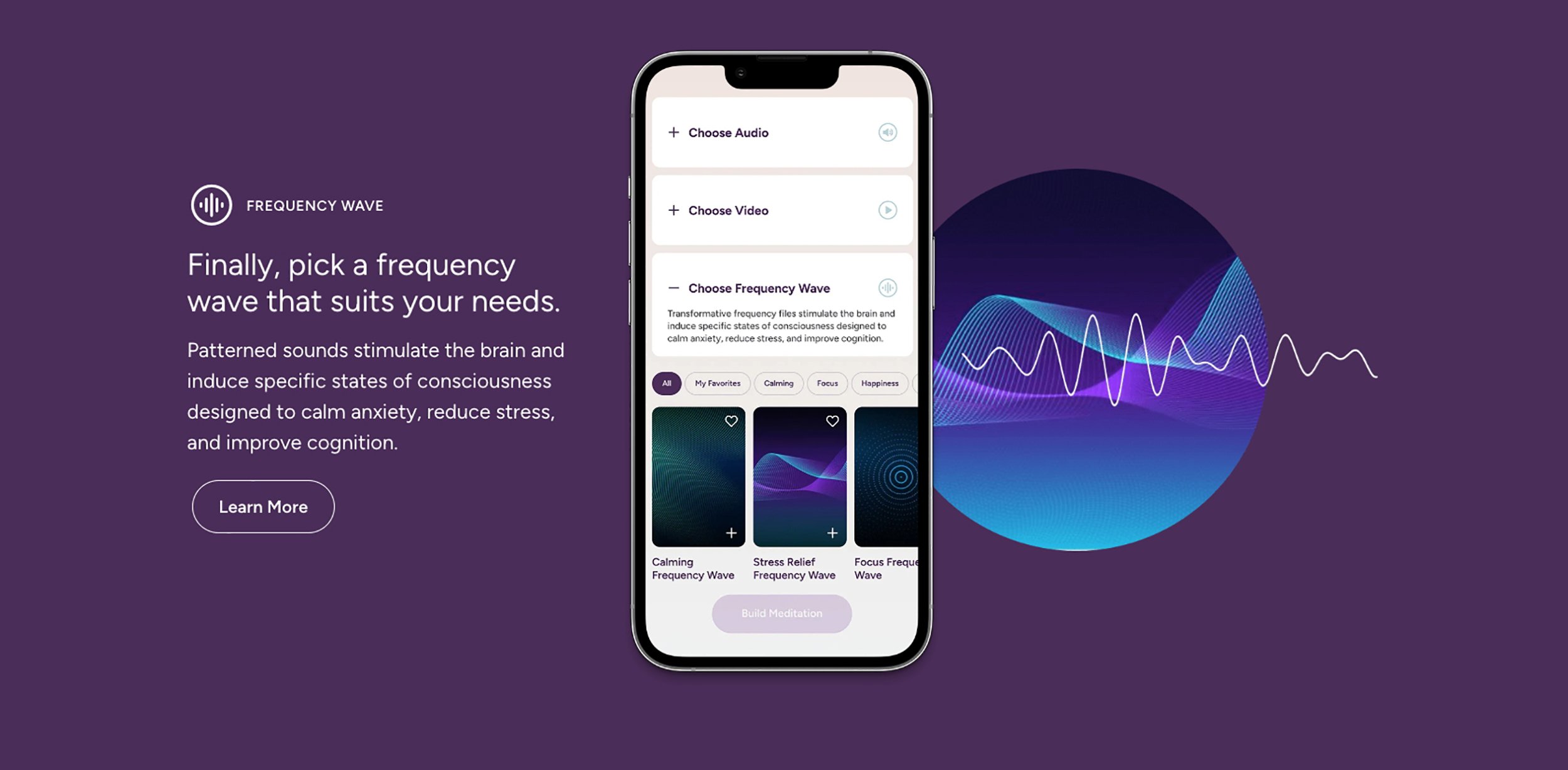 Smartphone displaying an app for selecting audio, video, and frequency wave options. The screen shows a section for choosing a frequency wave with a list of different options like calming, stress relief, and focus. The background features a purple an