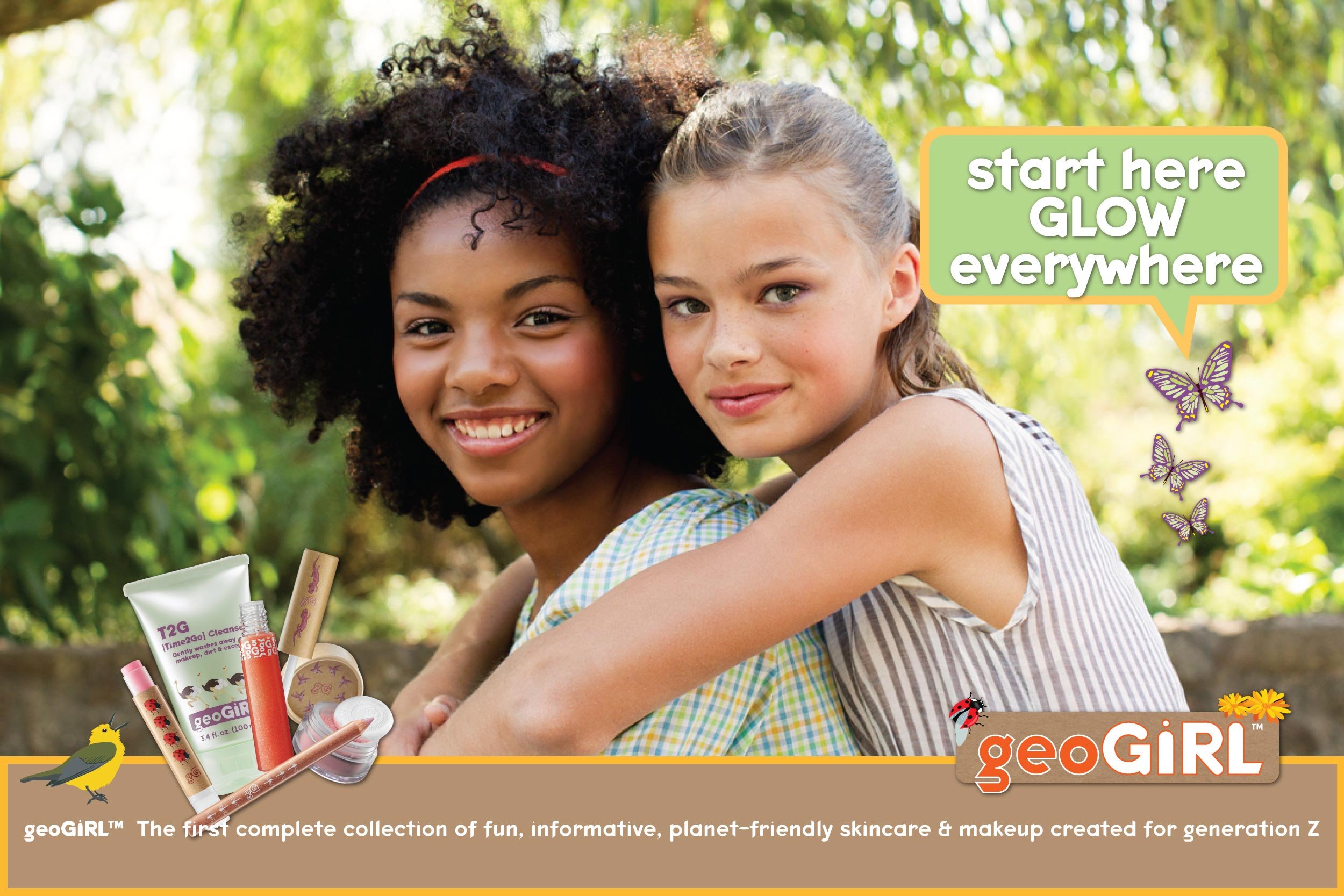 Two young girls hugging outdoors, smiling, with skincare and makeup products in the foreground. A green speech bubble says 'start here GLOW everywhere'. The image promotes geoGIRL skincare and makeup for young girls.