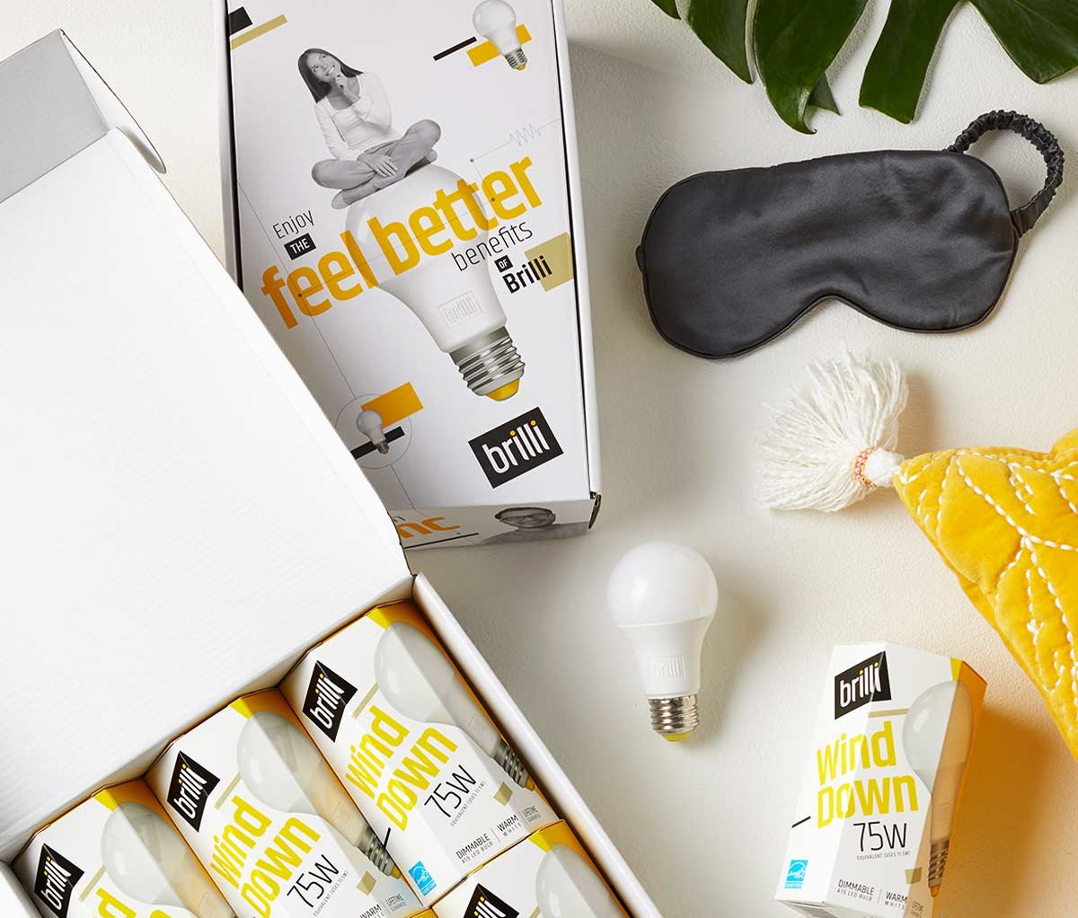A collection of light bulbs, a sleep mask, a plant, and a box of LED bulbs labeled 'Wind Down 75W' on a white surface.