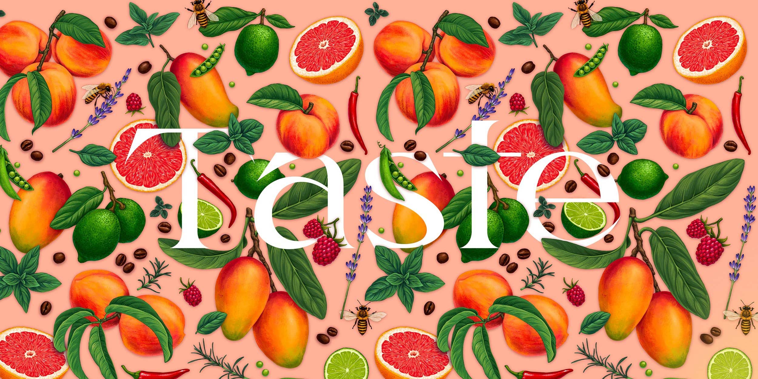 A colorful collage of peaches, limes, grapefruits, red chili peppers, coffee beans, and bees on a pink background with the word "basil" written across the center.